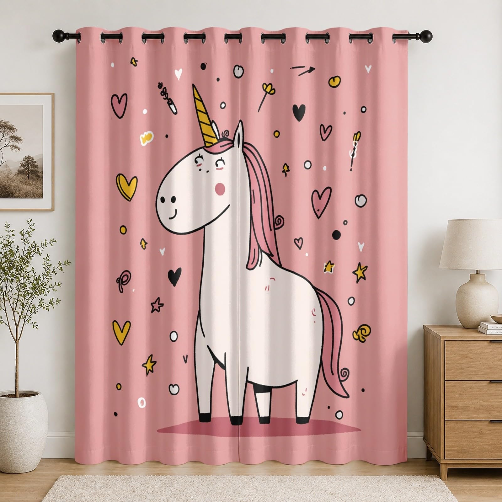 Thermiques Isolants Anti-Fondu Rideaux À Oeillets,140 x 245 cm (LxH) Dessin Animé Licorne CœUr Lot de 2 Occultants Rideaux,Draperies Opaquerideau Rose pour Salon Chambre d'enfant