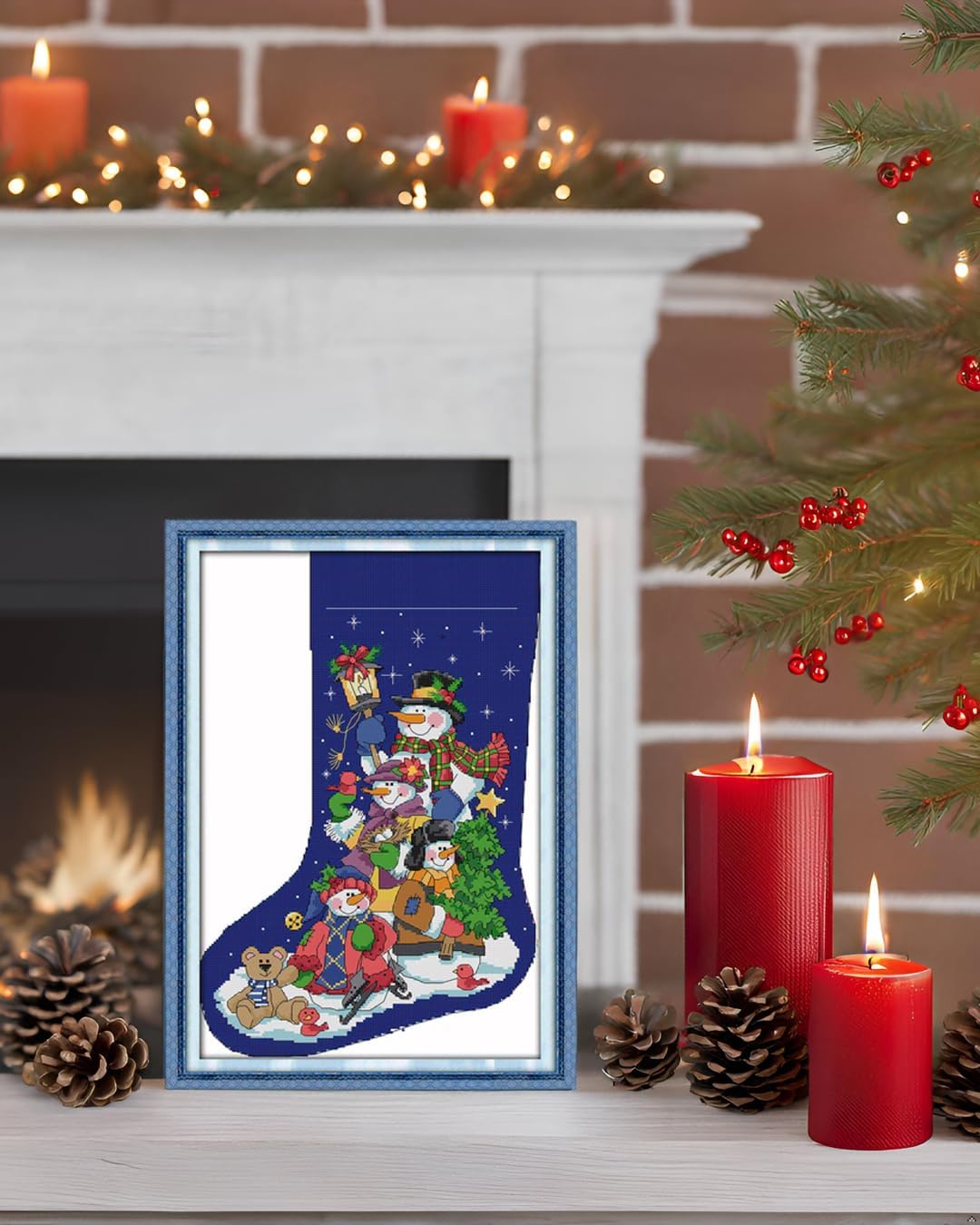 CaptainCrafts Cross Stitch Kits, Stamped Cross Stitch Printed Fabric Cross Stitching DIY Art DMC Needlecrafts Embroidery Kit for Adults Beginner (Stamped 11CT, Christmas Stocking Snowman Blue)