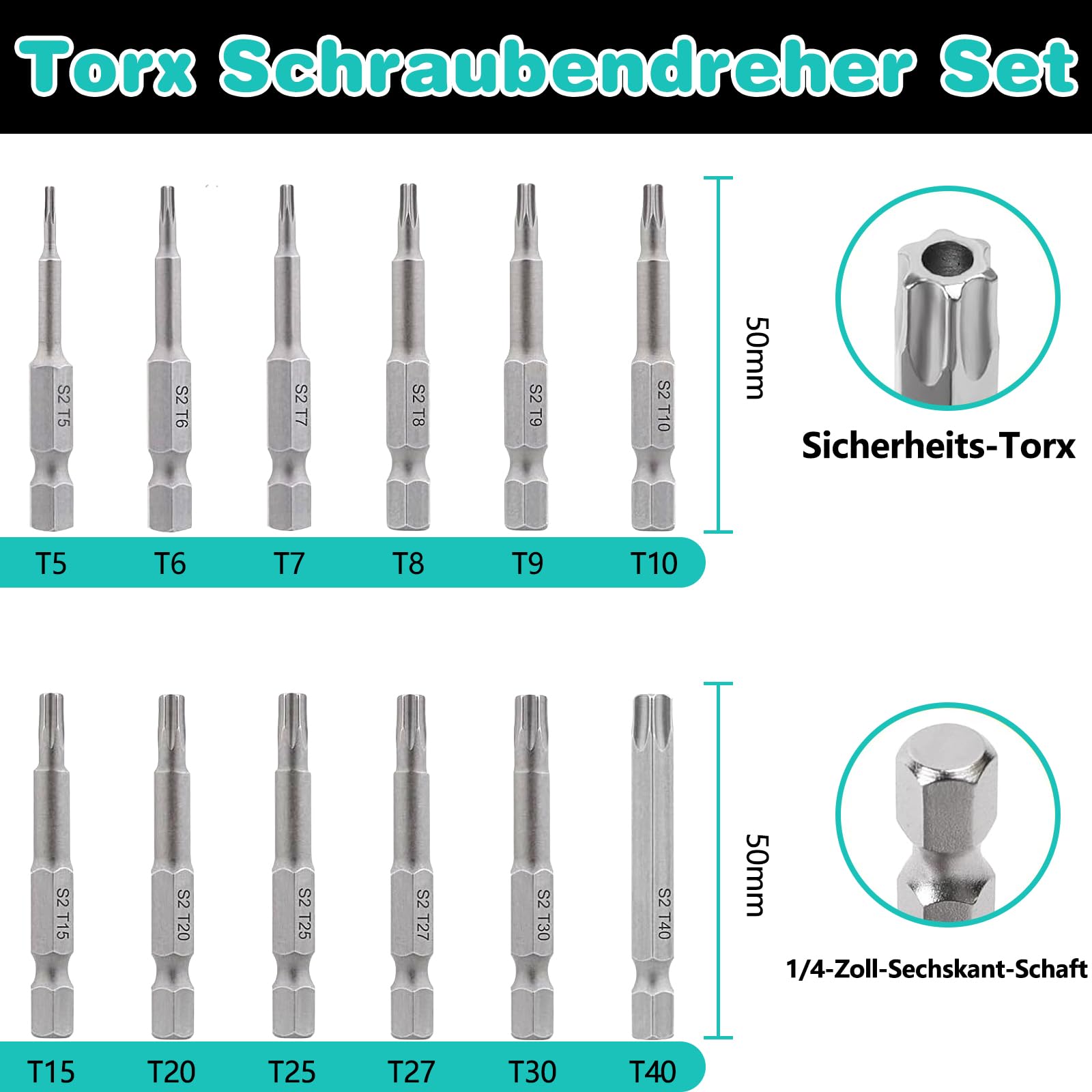 Set 12 Punte Torx Magnetiche Professionali - T5 To T40, 50 Mm, Acciaio S2, Per Avvitatori E Cacciaviti - Foto 6