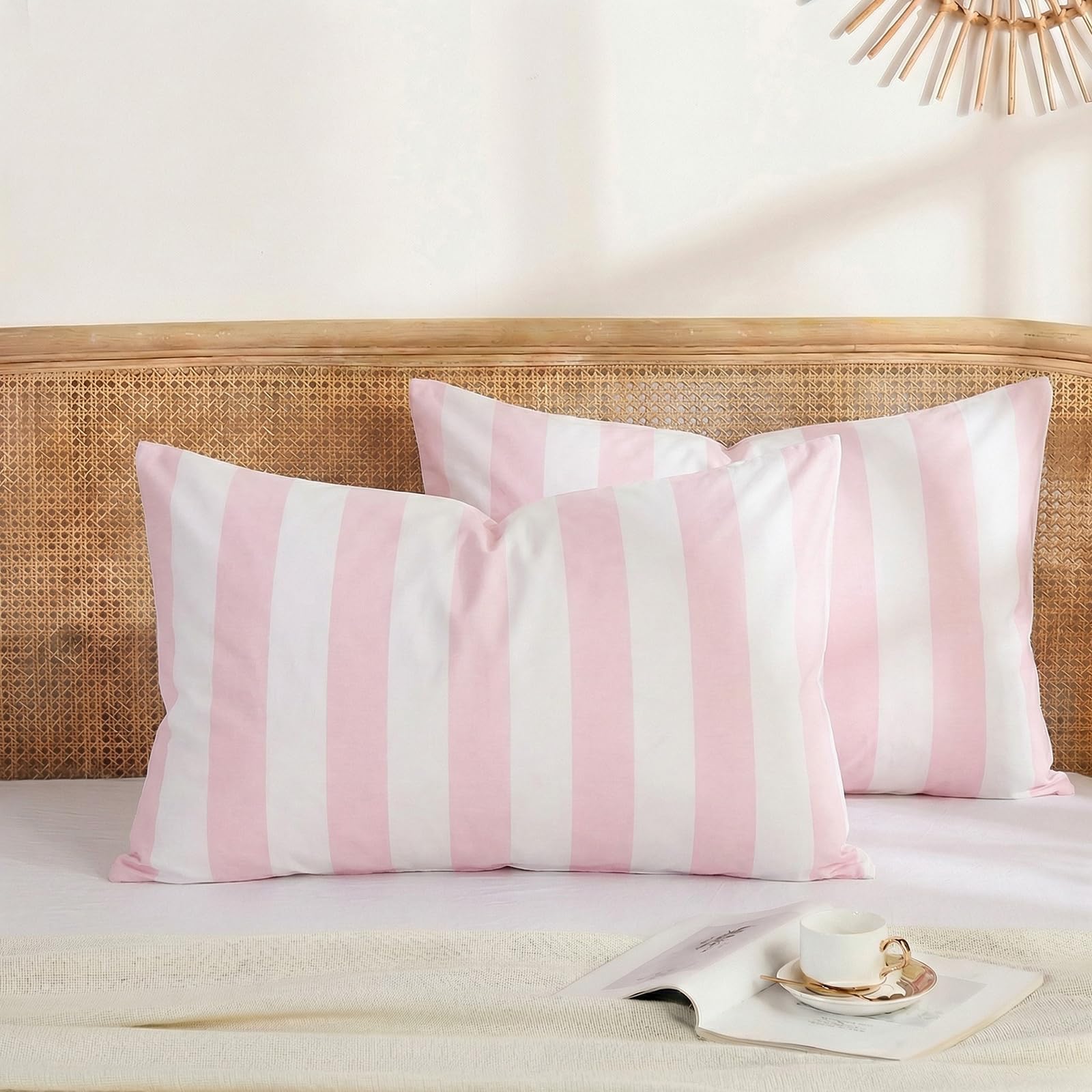 Photo 1 of Merryword Standard Cotton Pillowcases, Pink/White Striped (Set of 2)