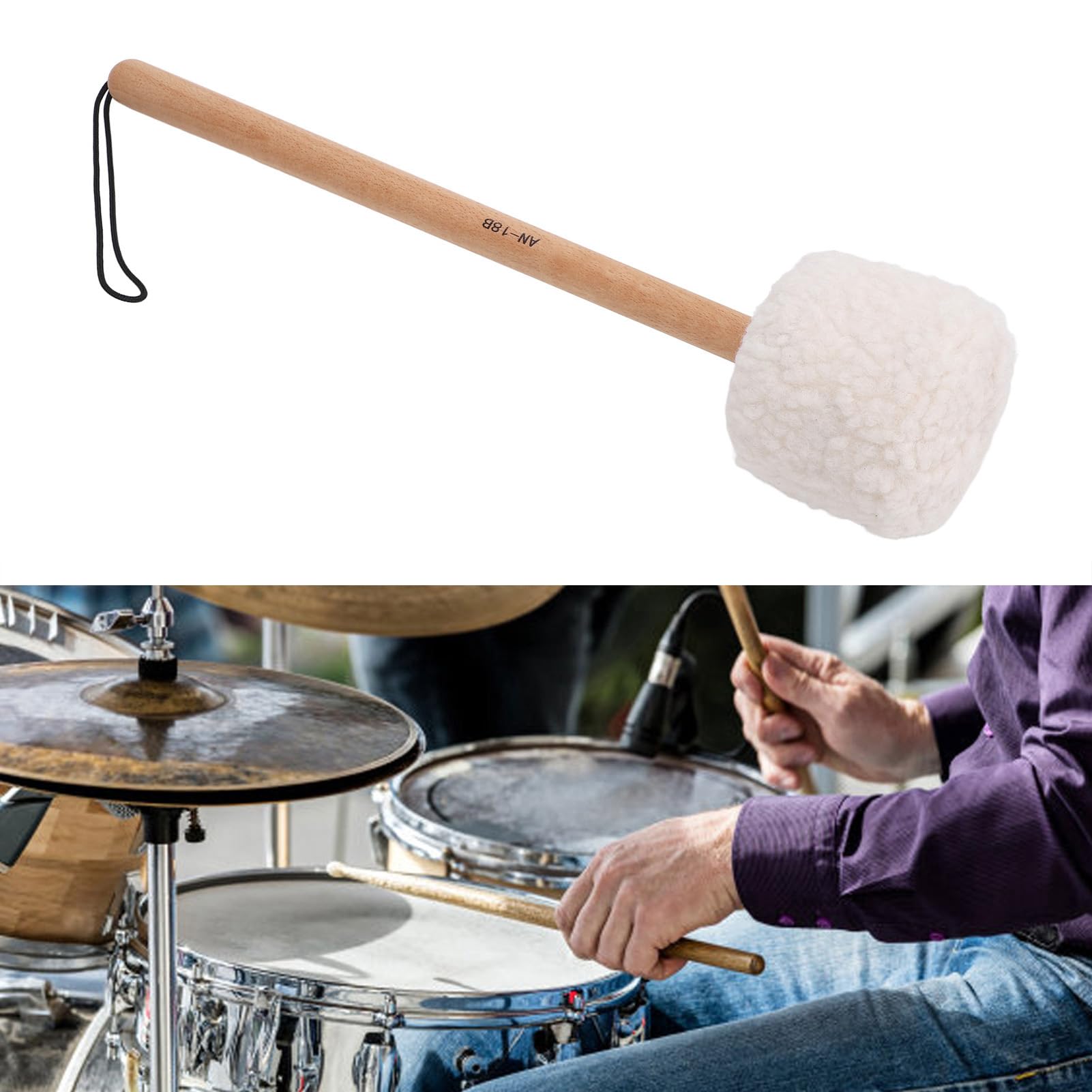 Maillet en Laine, Manche en Bois de Hêtre, Grand Bâton de Tambour avec Corde de Queue Noire Sécurisée pour Tambours Gongs