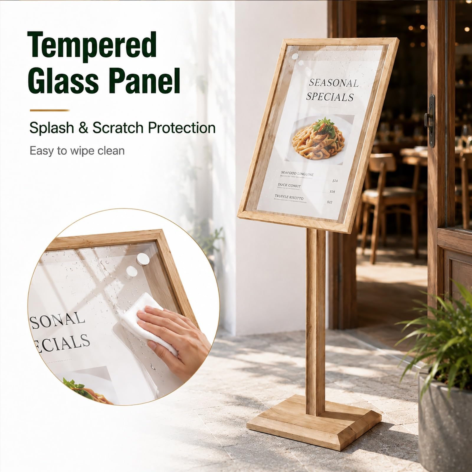 Portamenù da Terra in Legno, Espositore per Insegne da Esterno in Vetro Temperato per attività Commerciali ed Eventi