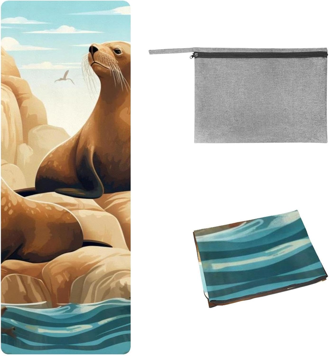 Yoga Towel, Sea Lion Pattern Non Slip Sweat Absorbent Hot Yoga Mat Towel for Hot Yoga, Pilates and Fitness - 72.8" x 26.8"