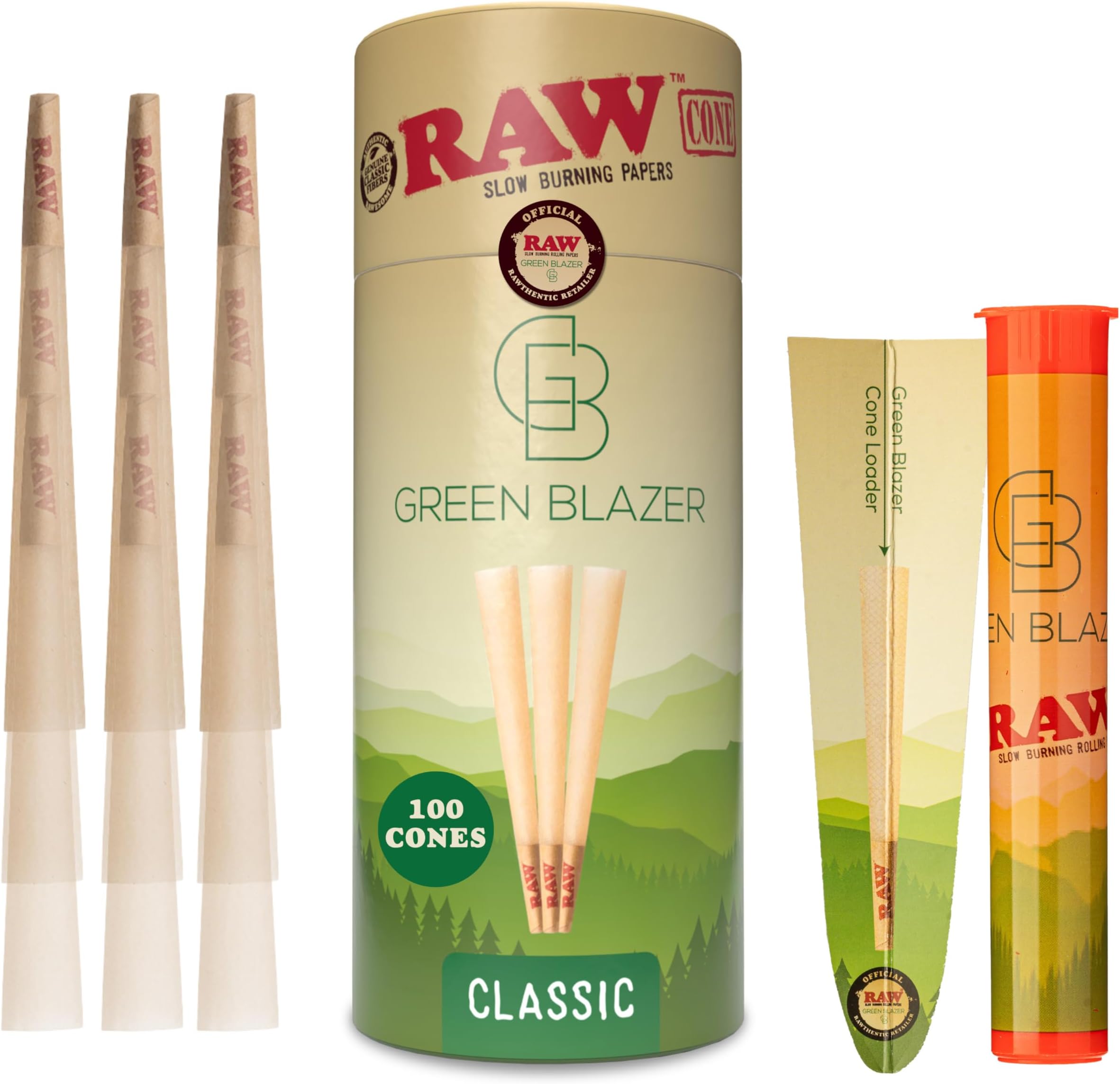 Raw Cones King Size Classic: 100 Pack - Patented Slow Burning Cones Rolling Papers & Tips - All Natural Raw Paper