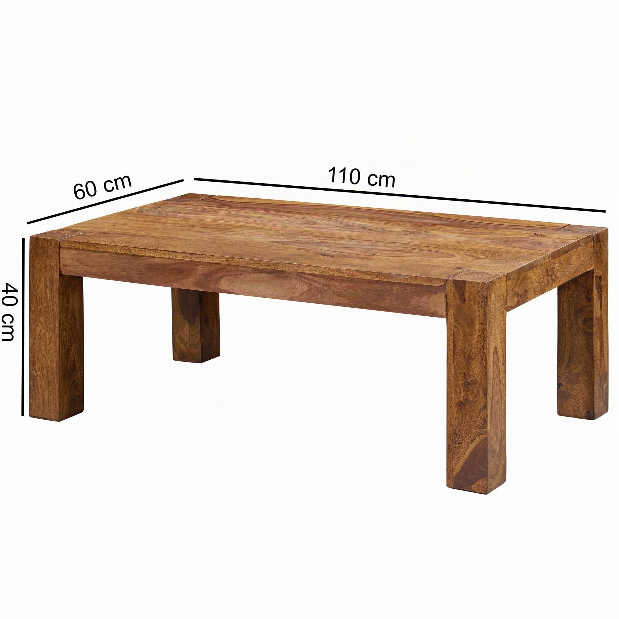 WOHNLING Mesa de Centro de Madera Maciza Sheesham 110cm Sala de Estar Amplia Mesa de Estilo rústico marrón Oscuro diseño de la Tabla