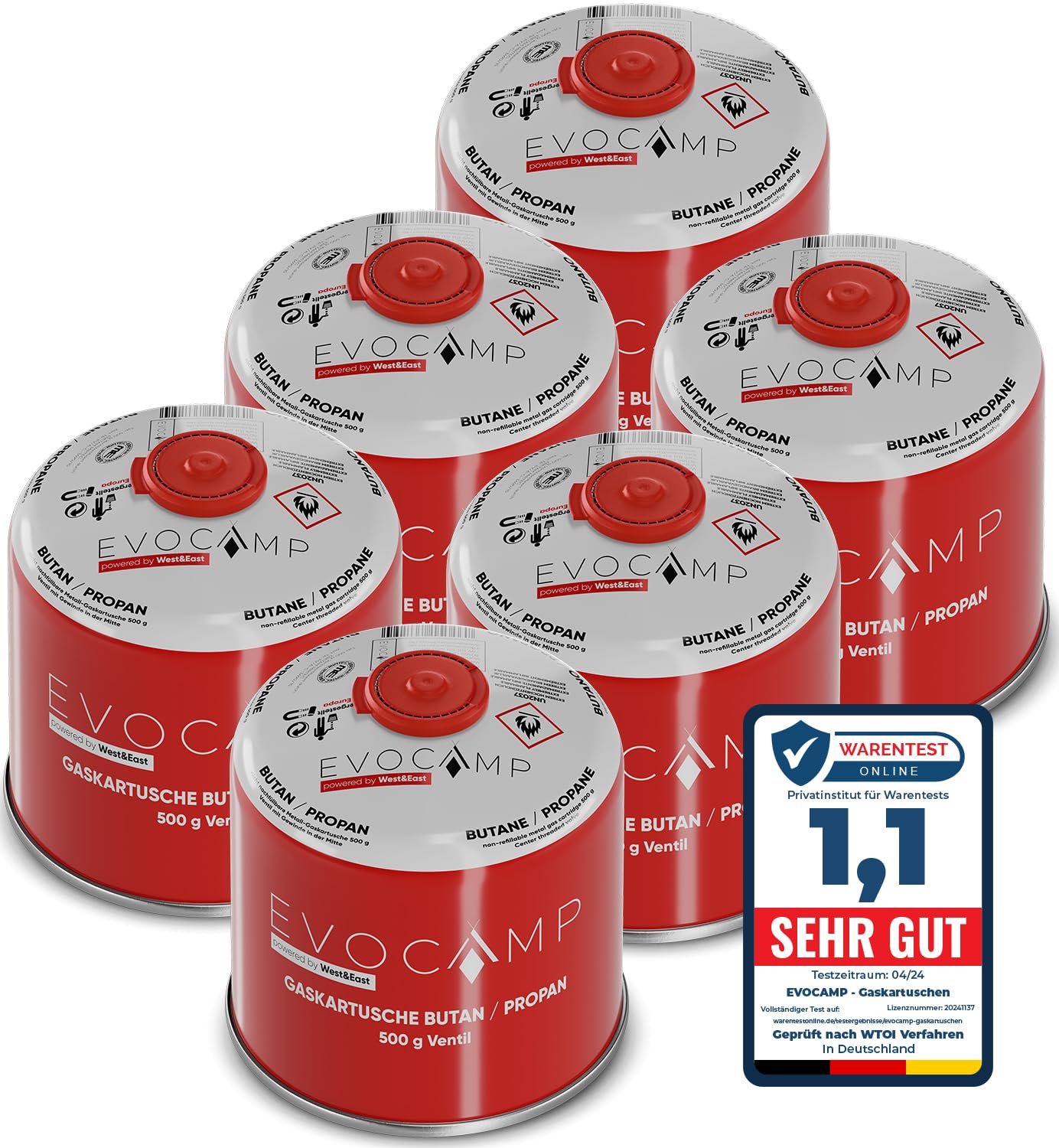 6X Cartuchos de gas Butano 500g, cartucho de rosca con gas Butano/Propano 899 ml, cartucho de gas conforme a EN 417, cartucho de válvula con cierre de rosca, cartucho de gas compatible con gas