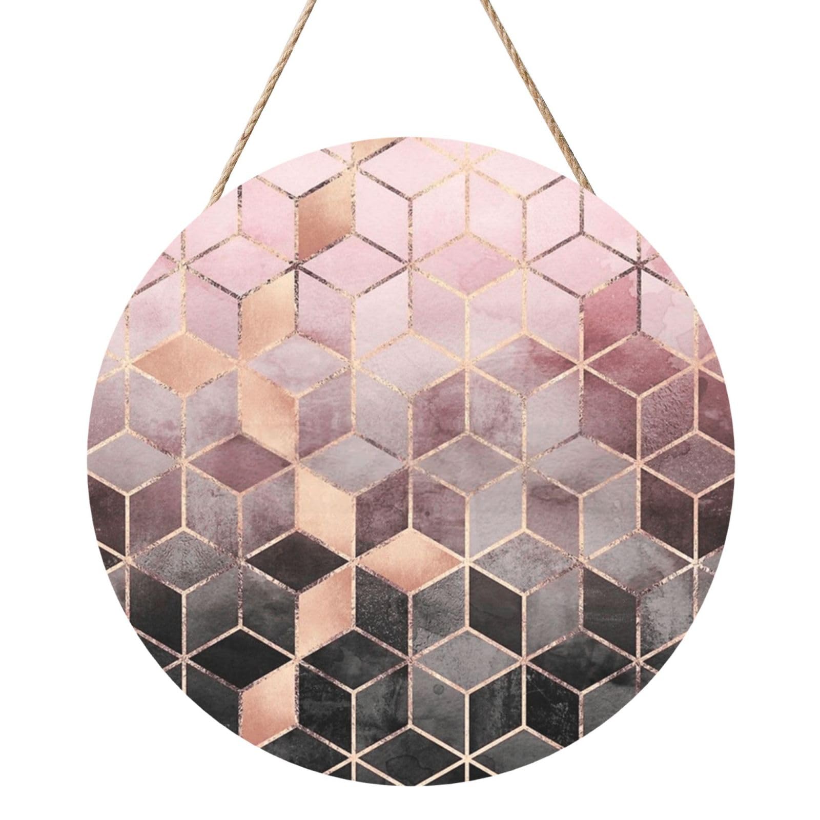 InOmak Nordic Style, Geometric Pattern Pink Rose, Gold, Round Wood Panel Painting 12 in, Wall Hanging Painting For Home