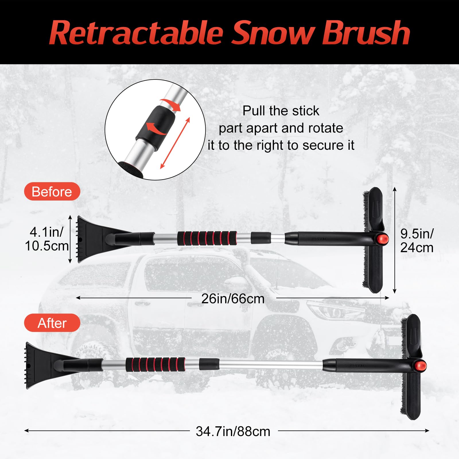 CHANGE MOORE 3-in-1 Ice Scraper and Brush for Car 2Pcs, 24-36.7'' Snow Scraper with Brush Extendable, Snow Brush and Ice Scraper with Foam Grip for SUV,Truck 360Â° Ratation Snow Brush Head for Car