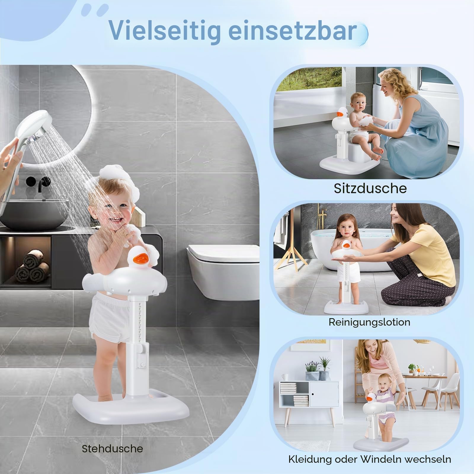 Baby Dusche Ständer mit Duschhalterung Klemmschutz, Einstellbarer (Ente) | Einfache Installation, mit Duschsitz & Antirutsch-Basis, für 6–36 Monate, Ideal als Babyduschständer und Babygeschenk