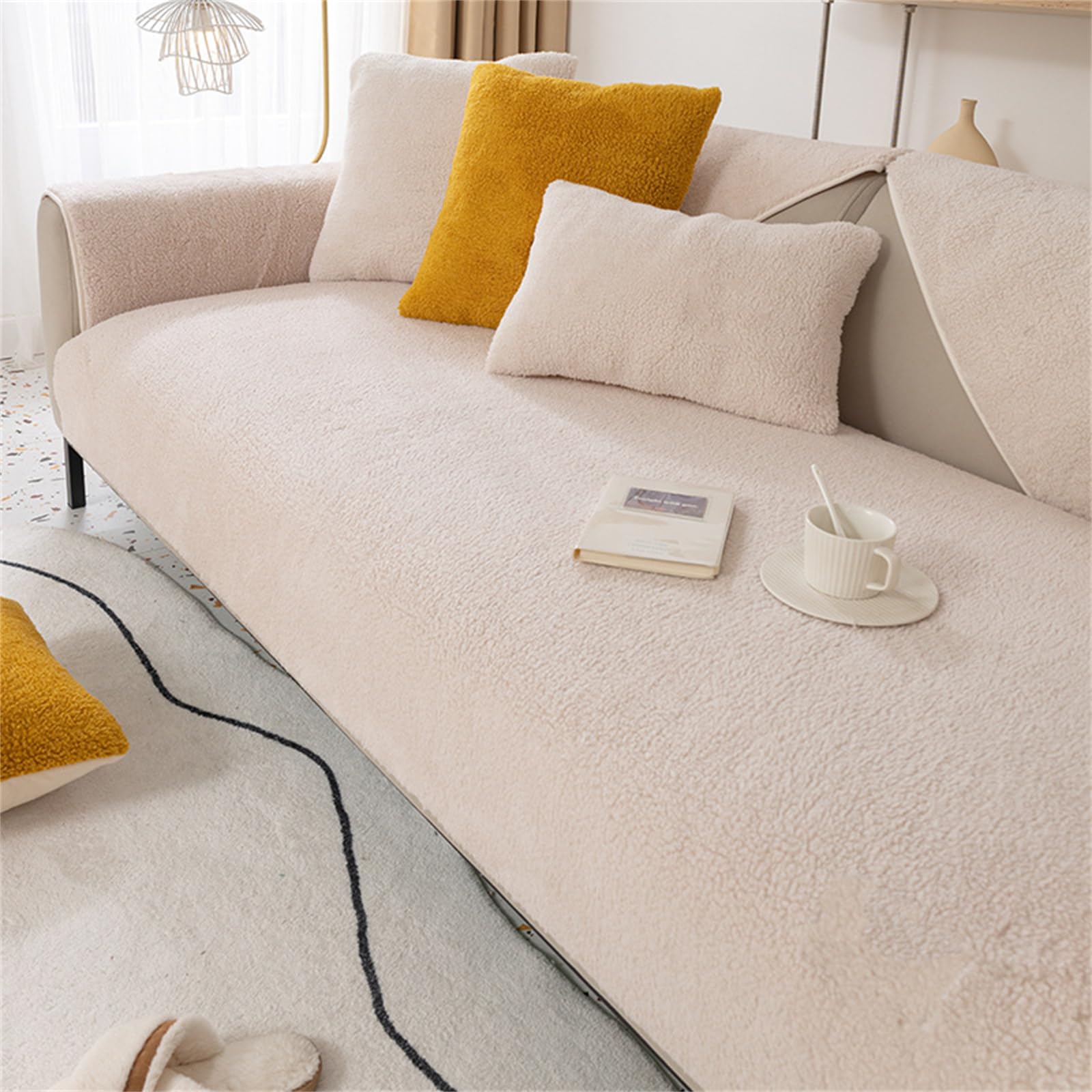 KYJSW 1 Piece Soft Thick Lamb Wool Fabric Sofa Cover 1 2 3 4 Seater Warm Non-Slip Reversible Washable Couch Covers for Corner L Shape (White,90 * 210 cm)
