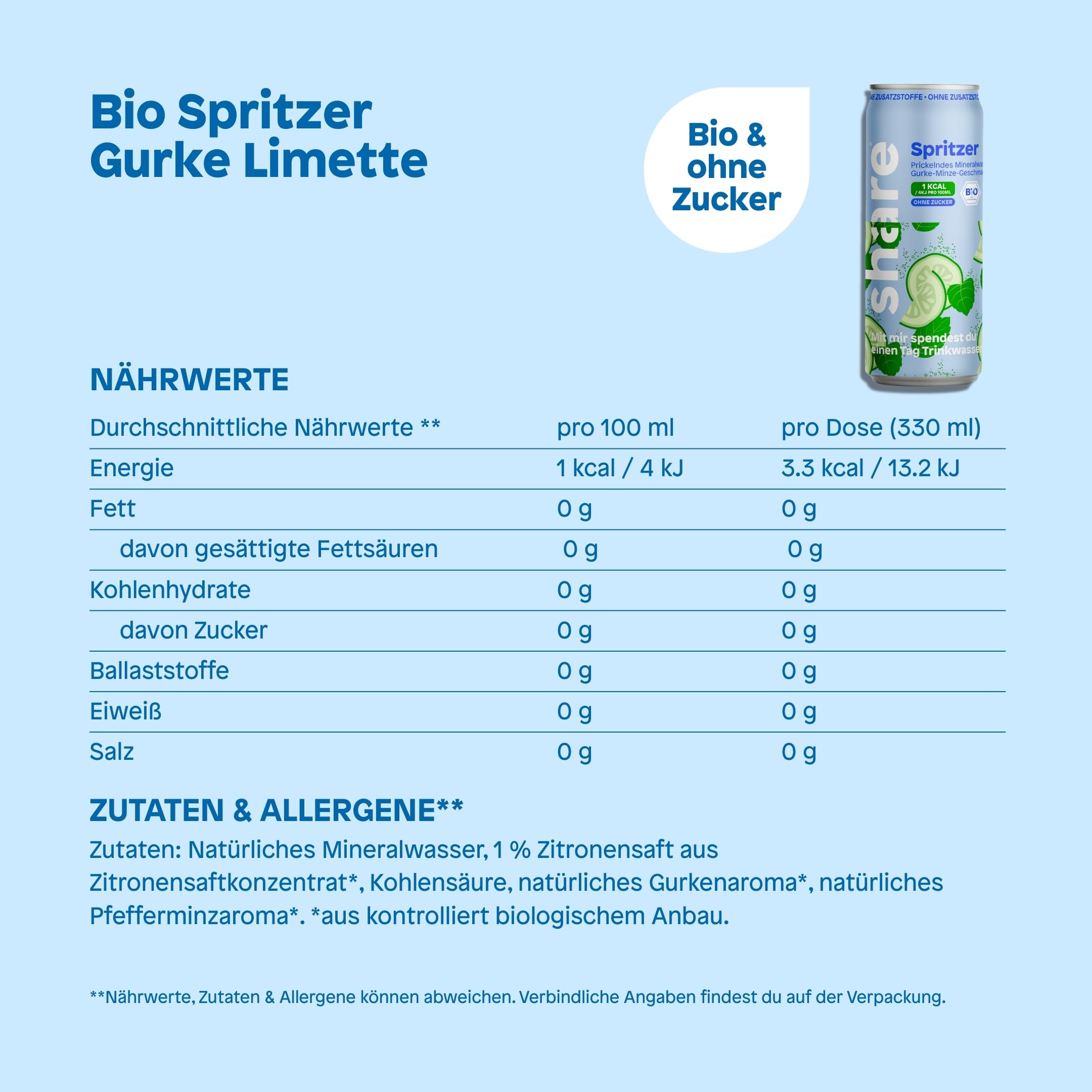 share Bio Spritzer Gurke Minze - Wasser mit Geschmack (24x330ml) | Ohne Zucker, 1 kcal pro 100 ml, Spritzig fruchtig – Bio-Mineralwasser ohne Zusatzstoffe – Jeder Kauf spendet