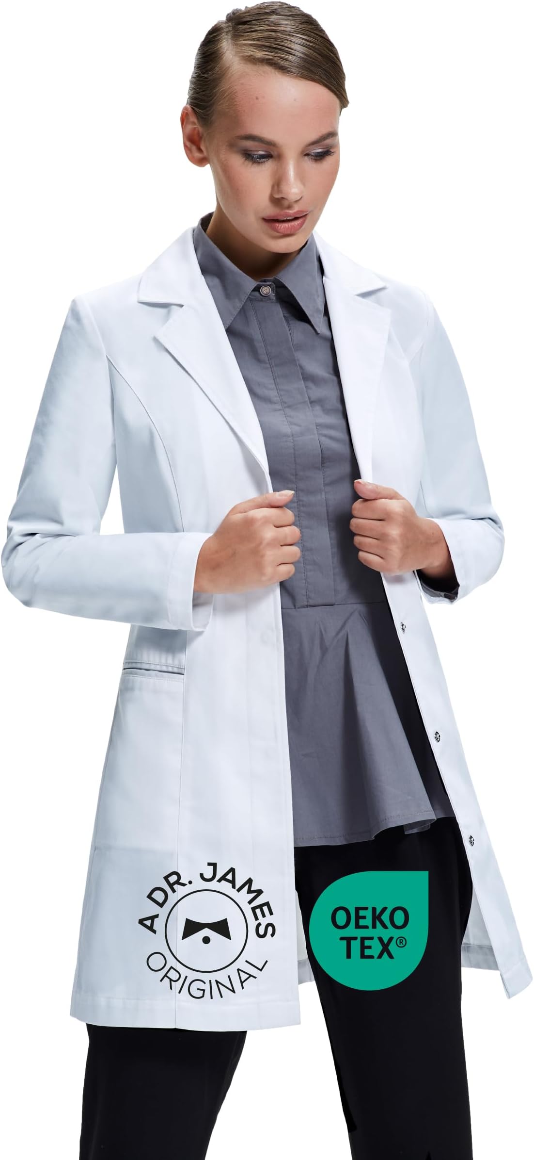 Premium Tailored Lab Coat for Women, Slim Fit, Concealed Press Stud Fastening, Two Hip Pockets, 33" Inches Length, OEKO-TEX® Certified Fabric