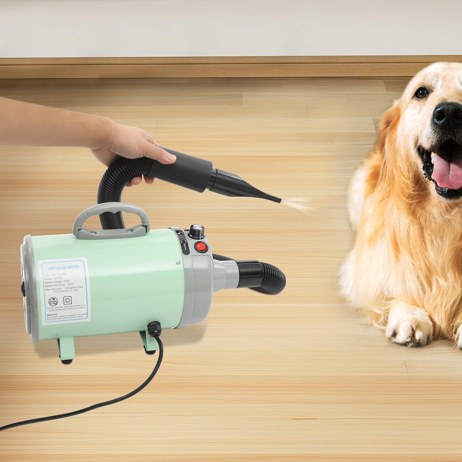 Sèche-cheveux pour chien avec 4 buses – 2200 W – Souffleur professionnel pour chiens et chats (vert)