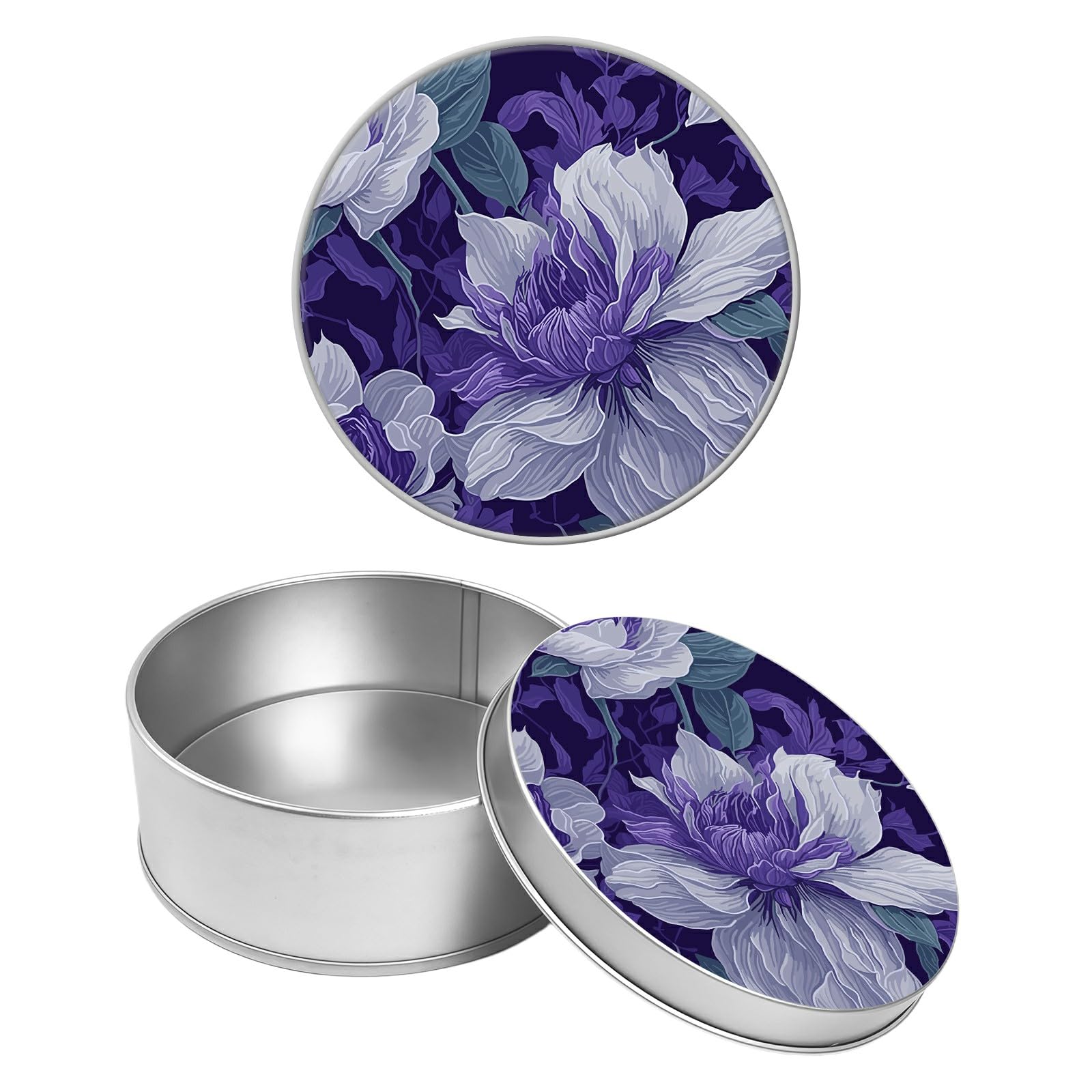 Round Metal Tin Container with Removable Lid, Purple Flowers Durable Metal Storage Box for Crafts Snacks Candies Office Supplies Small Items 3.54 x 1.38 inch– Single Pack