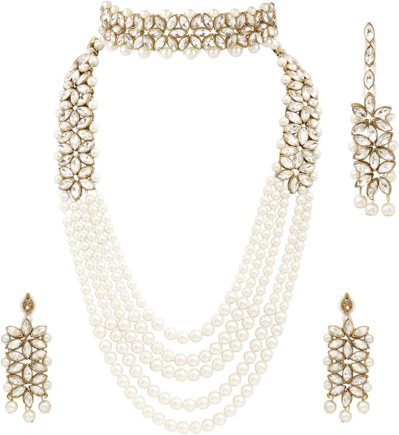 Wedding Party Wear Bridal Jewellery Choker Long Pearl Necklace Earrings Maang Tikka Indian Traditional Set for Women