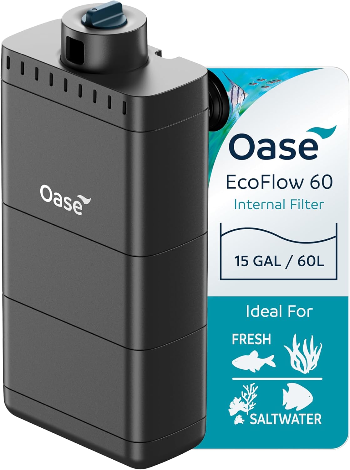 OASE EcoFlow 60 Internal Aquarium Filter, for Freshwater and Saltwater Tanks Up to 15 Gallons, Quiet, Customizable Water Flow, Multi-Stage Filtration