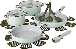 GoodCook Conjunto de panelas de cerâmica, livre de PFAS/PTFE/PFOA, compatível com indução saudável não tóxica, antiaderente e seguro para forno com alça removível, 14 peças, verde menta