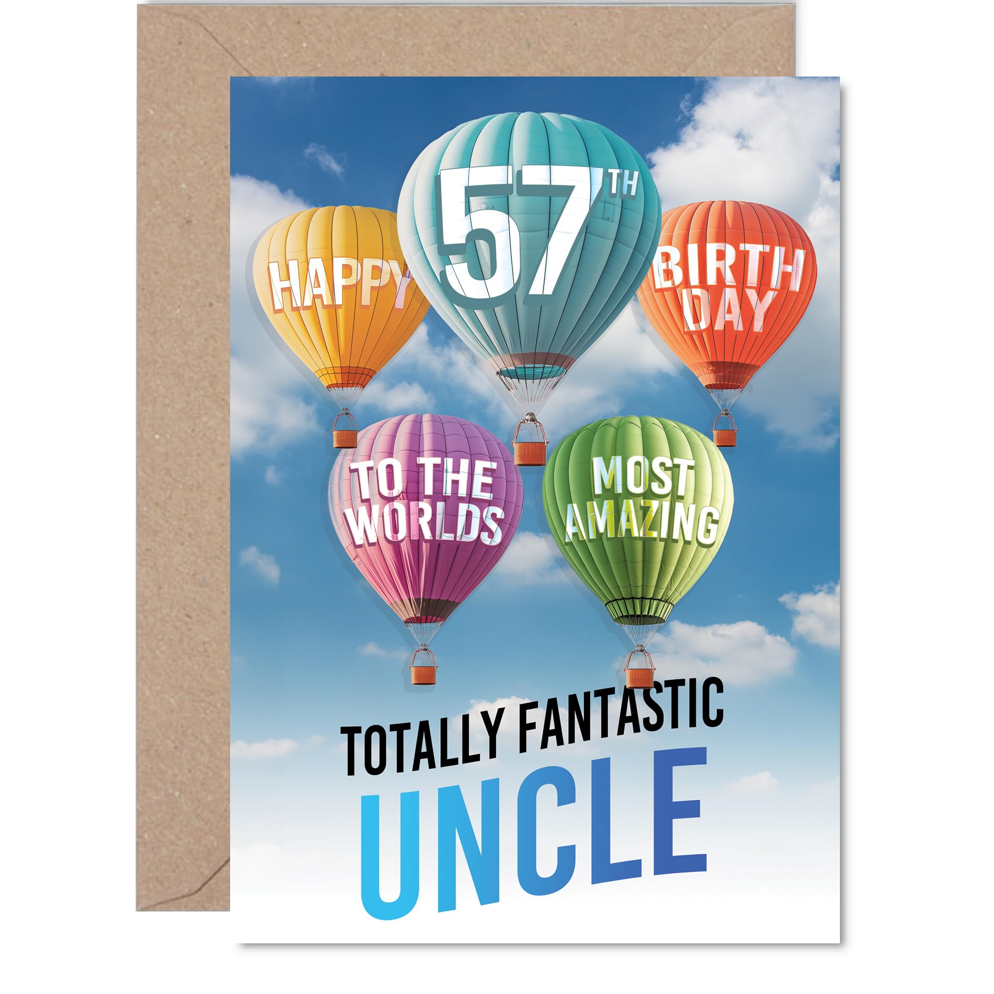 Uncle 57th Birthday Card - Most Amazing Hot Air Balloon - Happy Birthday Card for 57 Year Old Uncle from Nephew Niece, A5 Balloons Stars Bday Greeting Cards