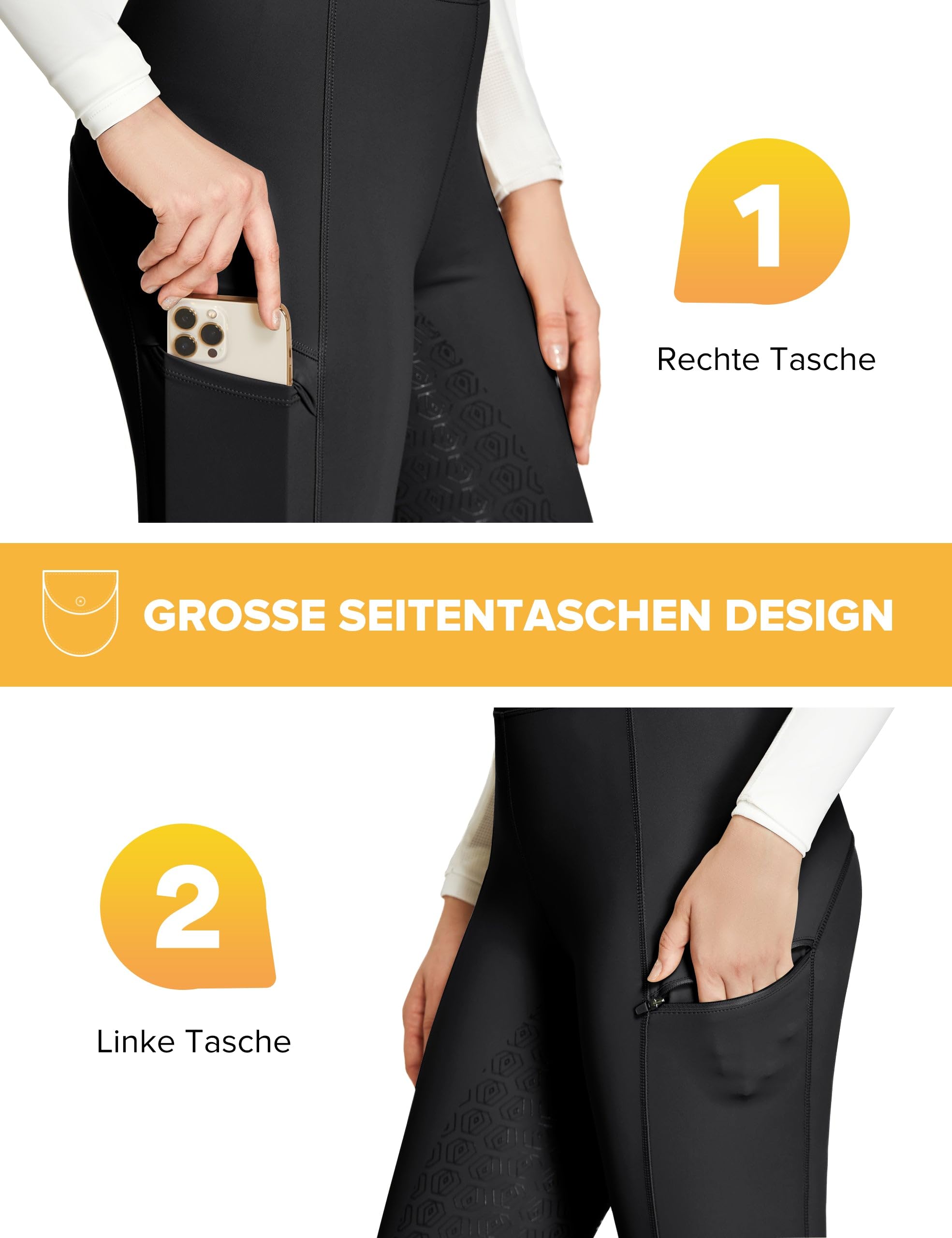 FitsT4 Sports Reitleggings Damen Reithose Silikon vollbesatz mit Handytasche und Gürtelschlaufen für Reitsport Pferdetraining