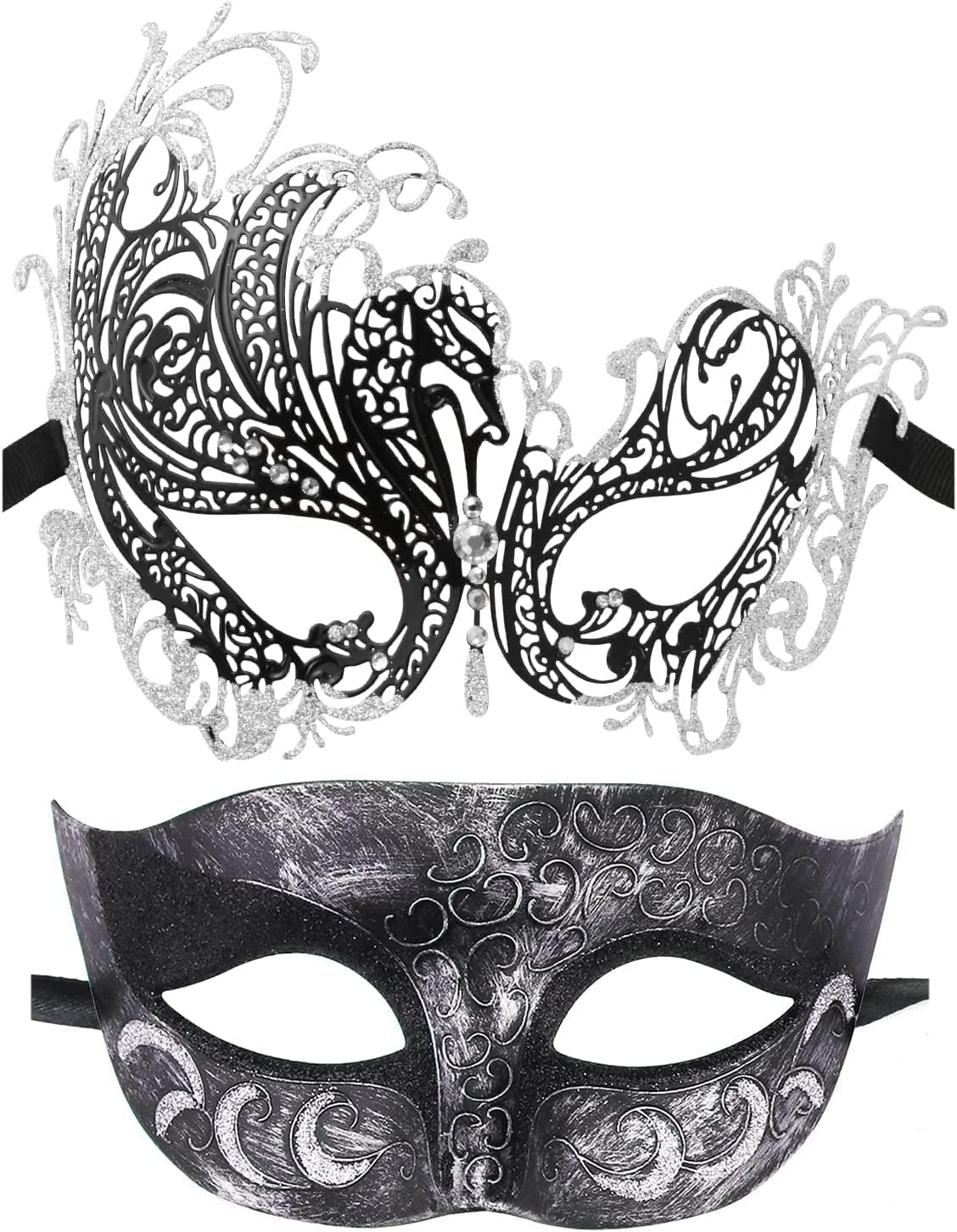 KASTWAVE Couple Mask Half Venetian Masquerade Ball Mask Mardi Gras Mask Christmas Cosplay Costume Halloween Party Mask 2 Pack (Black)