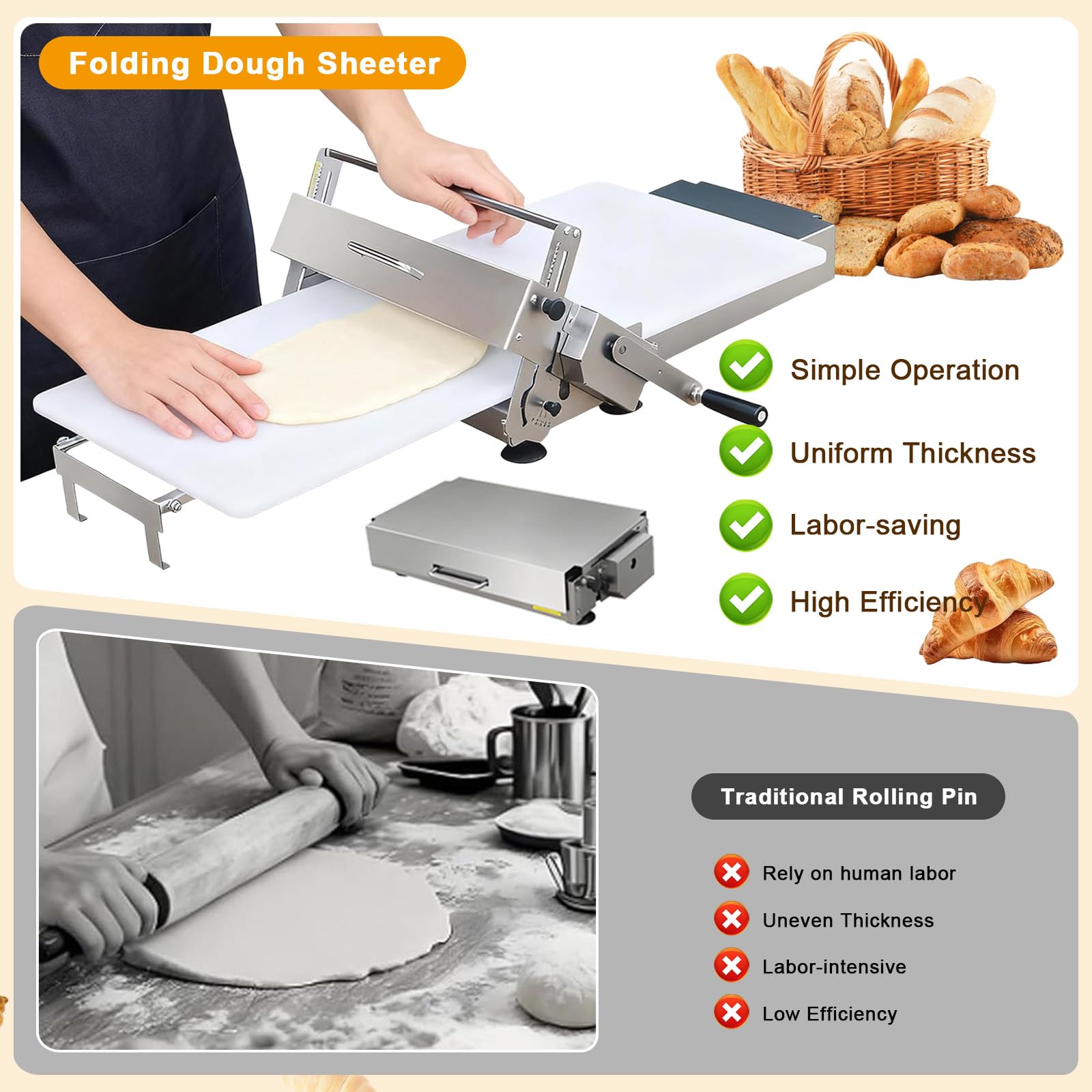 Laminoir Pate Feuilletée Professionnel avec Poignée Laminoir à Pâte Pliable Manuel avec épaisseur Réglable 0-25 mm Laminoir Pâtisserie en Acier Inoxydable pour Pizza Croissant Commercial Domestique