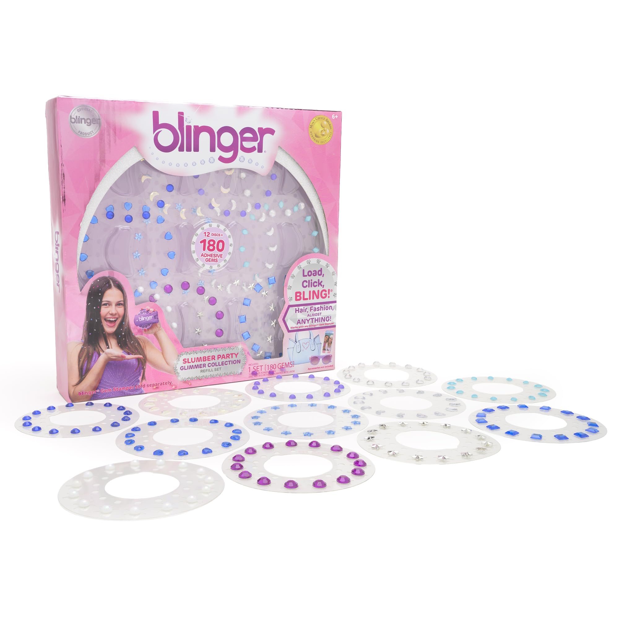 Blinger Glimmer Collection Refill Pack | Slumber Party | 12 Discs – 180 Gems | Bling in Brush Out | Works Hair Styling Tool (Multicolored)