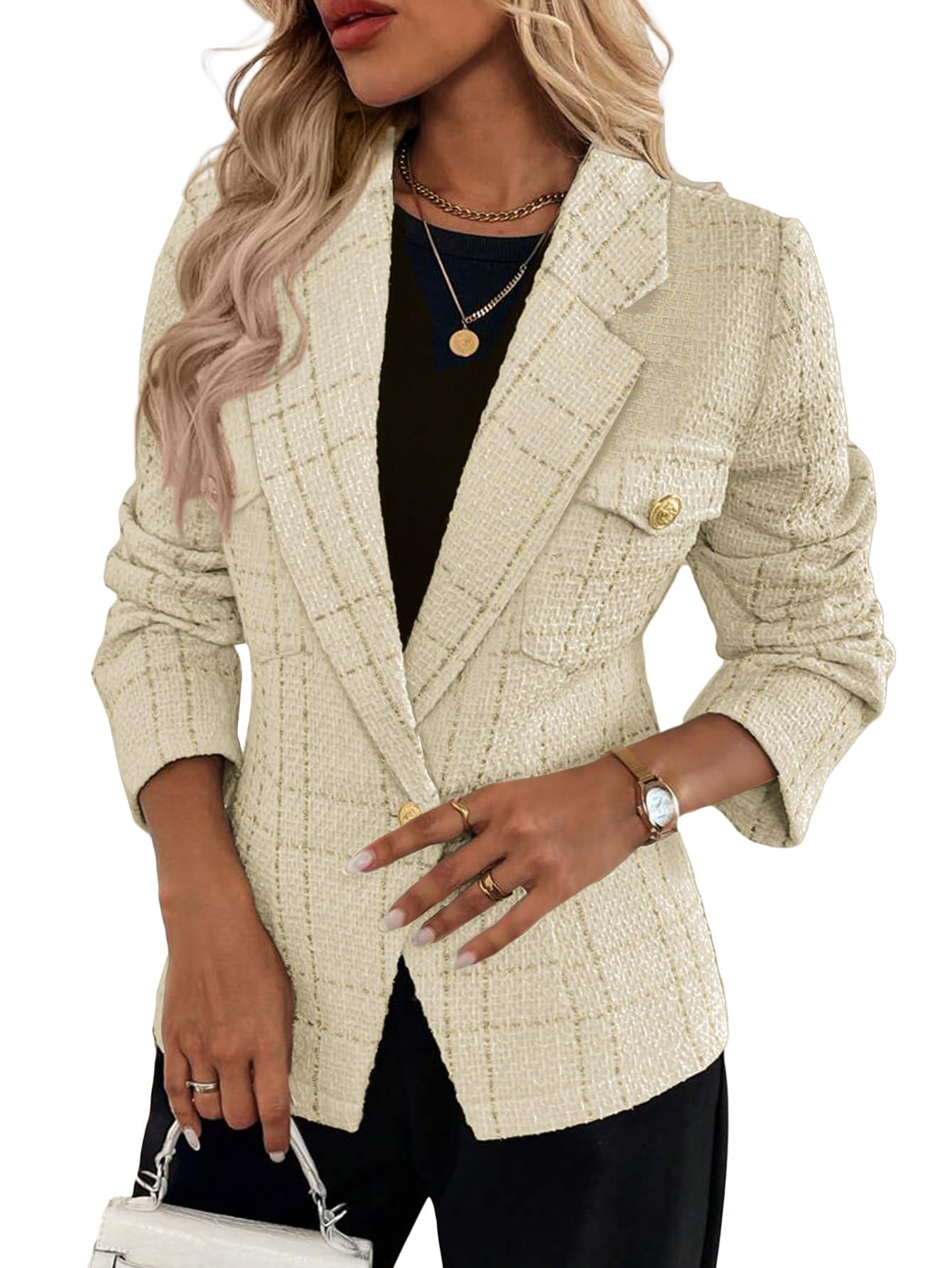 Mina Self 2025 Fall Womens Tweed Blazer Plaid - Slim Fully-Lined Fashion Casual Elegant Work Office Suit Jacket