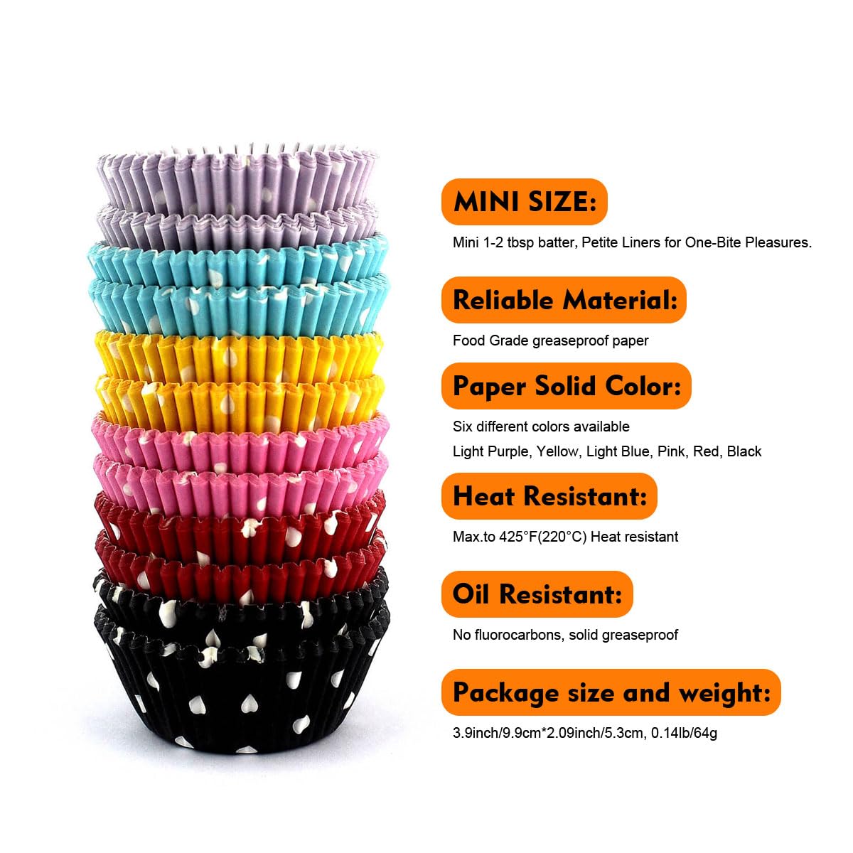 Rainbow Mini Polka Dots Cupcake Liners 300 unidades, sin olor, grado alimenticio y a prueba de grasa