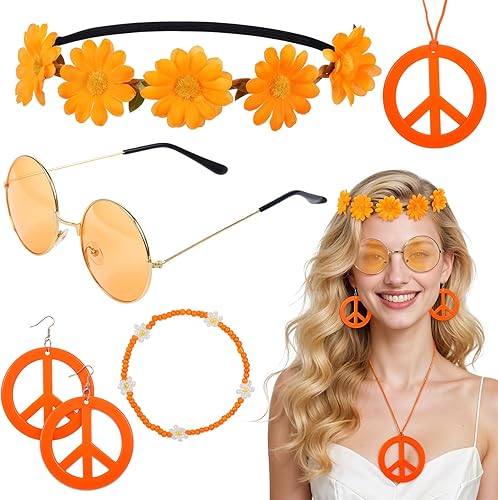 Juego de 6 accesorios para disfraz de hippie, diseño bohemio de margaritas y flores de margaritas, gafas de sol hippie redondas y signo de la paz,