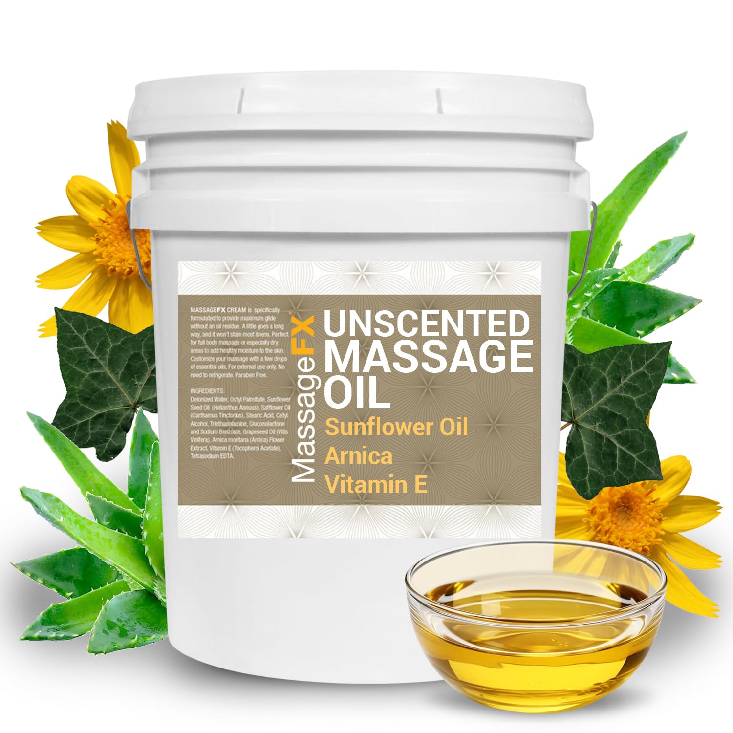Massage Oil by Massage FX - 100% Pure Sweet Almond & Sunflower Seed Oil - Vitamin E - Ivy, Arnica & Aloe - Unscented - Perfect for a Full Body Massage
