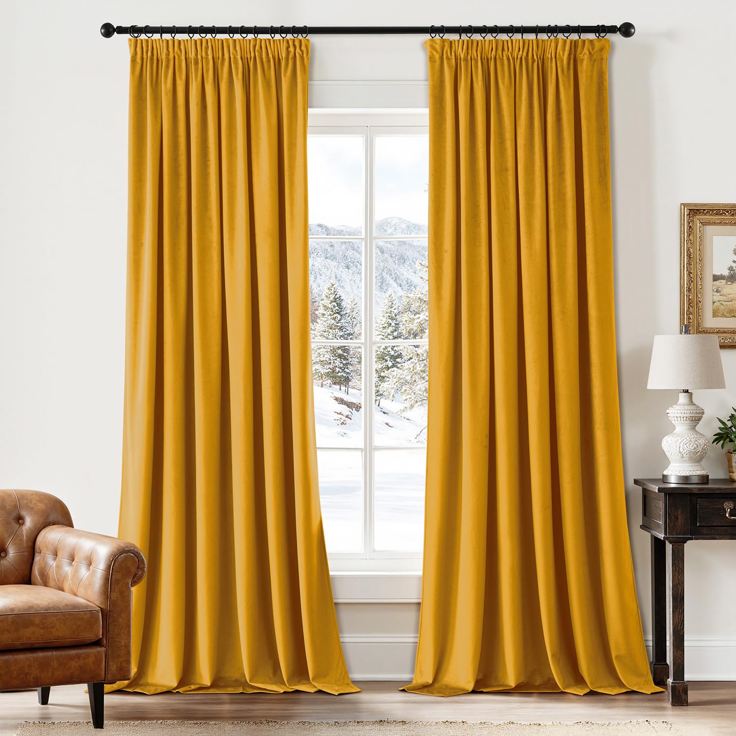 EMEMA Tende a cordoncino semi-oscuranti, isolanti in velluto, 2 pezzi, 140 x 260 cm, tende moderne per soggiorno e camera da letto, tenda spessa in raso termico, giallo senape