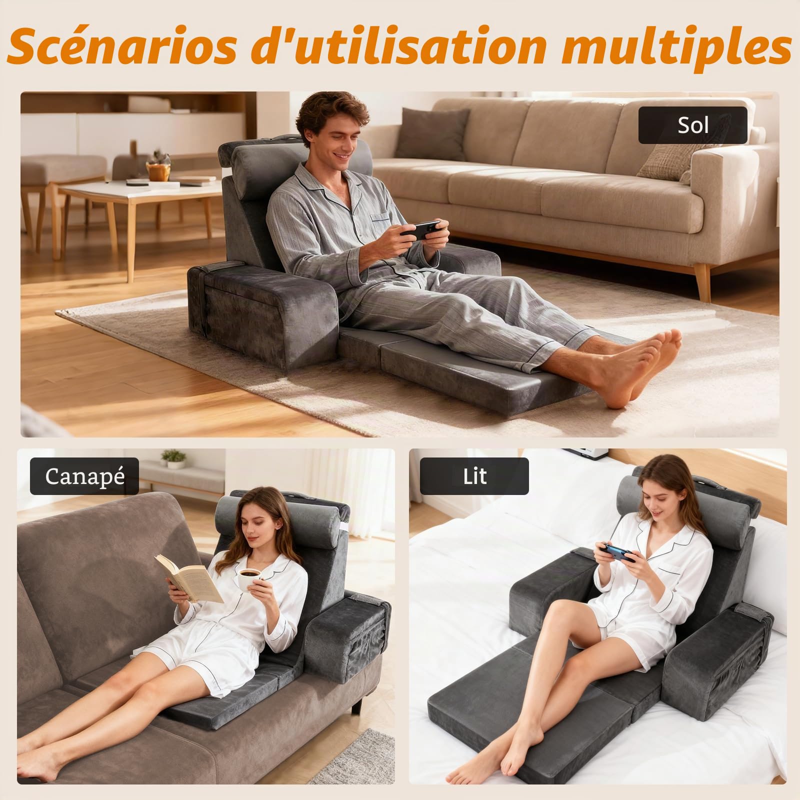 Grand Coussin de Lecture avec Appui-Tête Détachable et Accoudoir, Coussin en Forme d'Os pour Adultes avec Housse Lavable à Longs Poils, Coussin Ergonomique pour le Dos, Coussin de Lecture