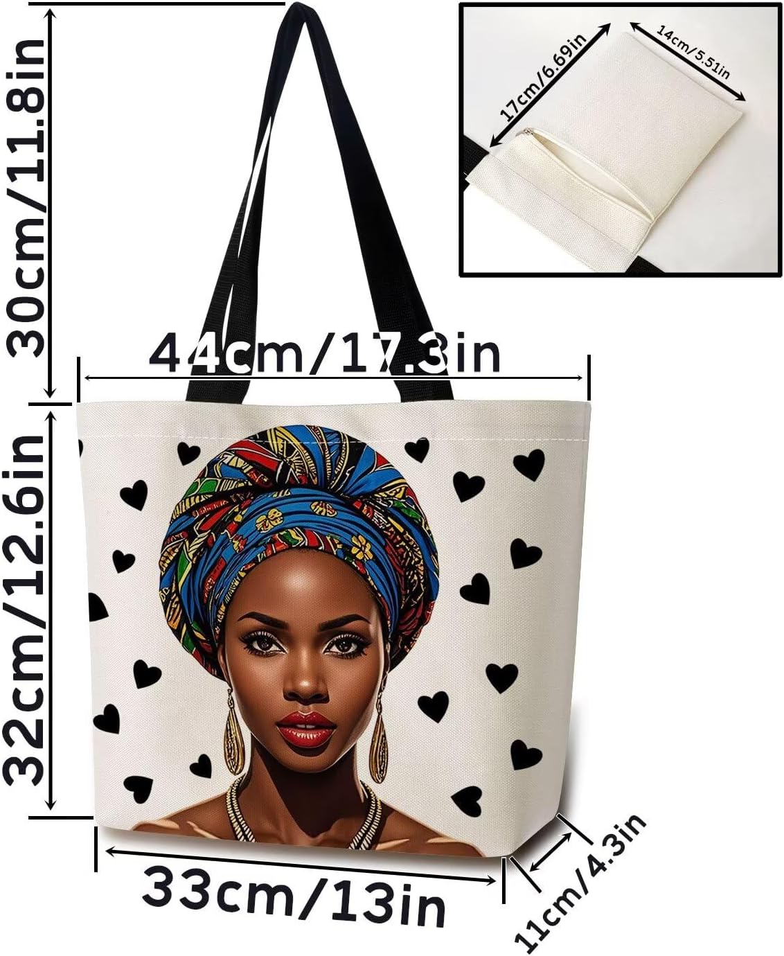African American Tote Bag Reusable Grocery Bags Aesthetic Shopping Shoulder Handbag with Interior Zipper Pocket Stylish Heart Black Lady Present for Women - Image 4