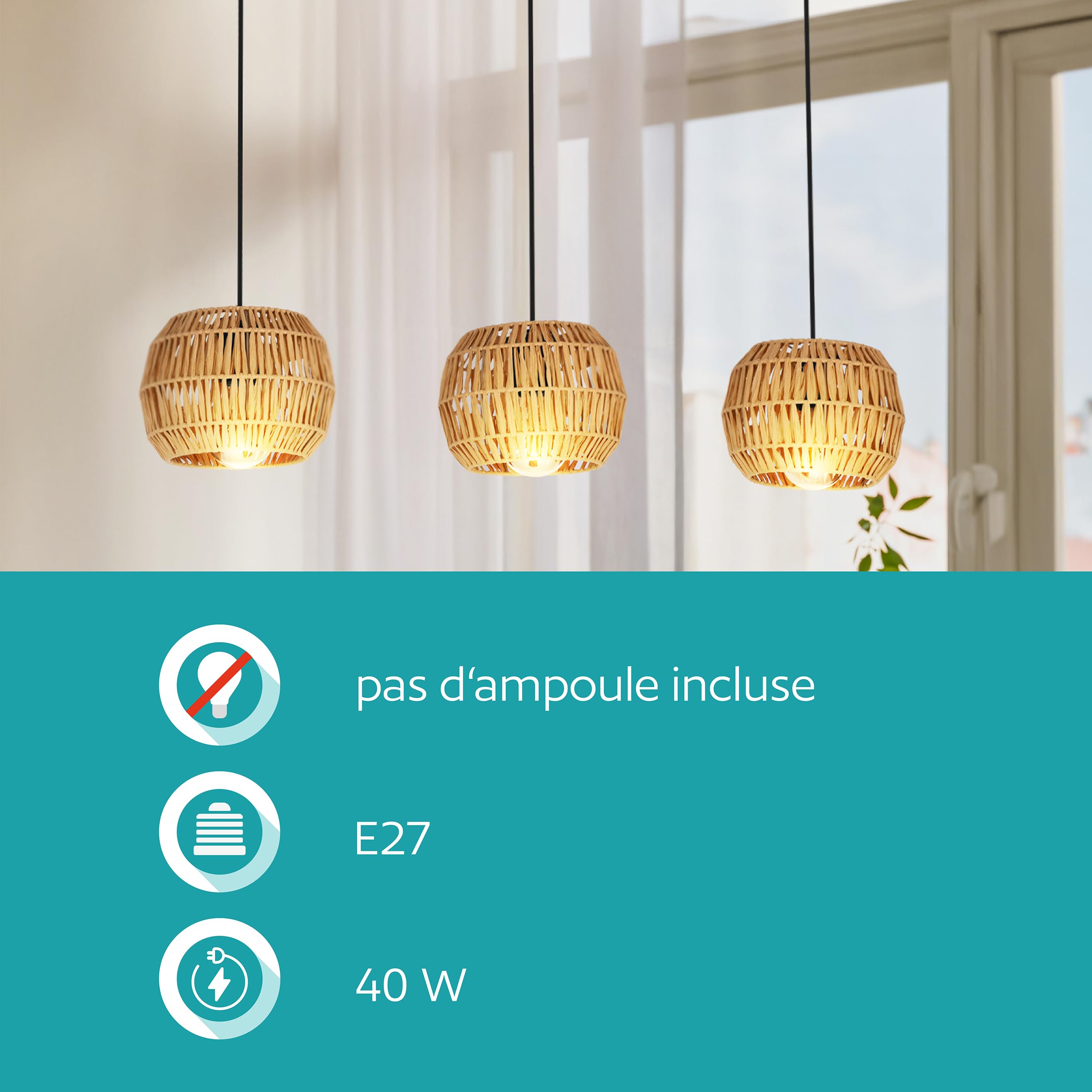 Eglo Suspension luminaire Sheldon, plafonnier suspendu pour salle à manger | à 3 lampes, lustre bohème, abat-jour en raphia papier, douille E27, 91 cm