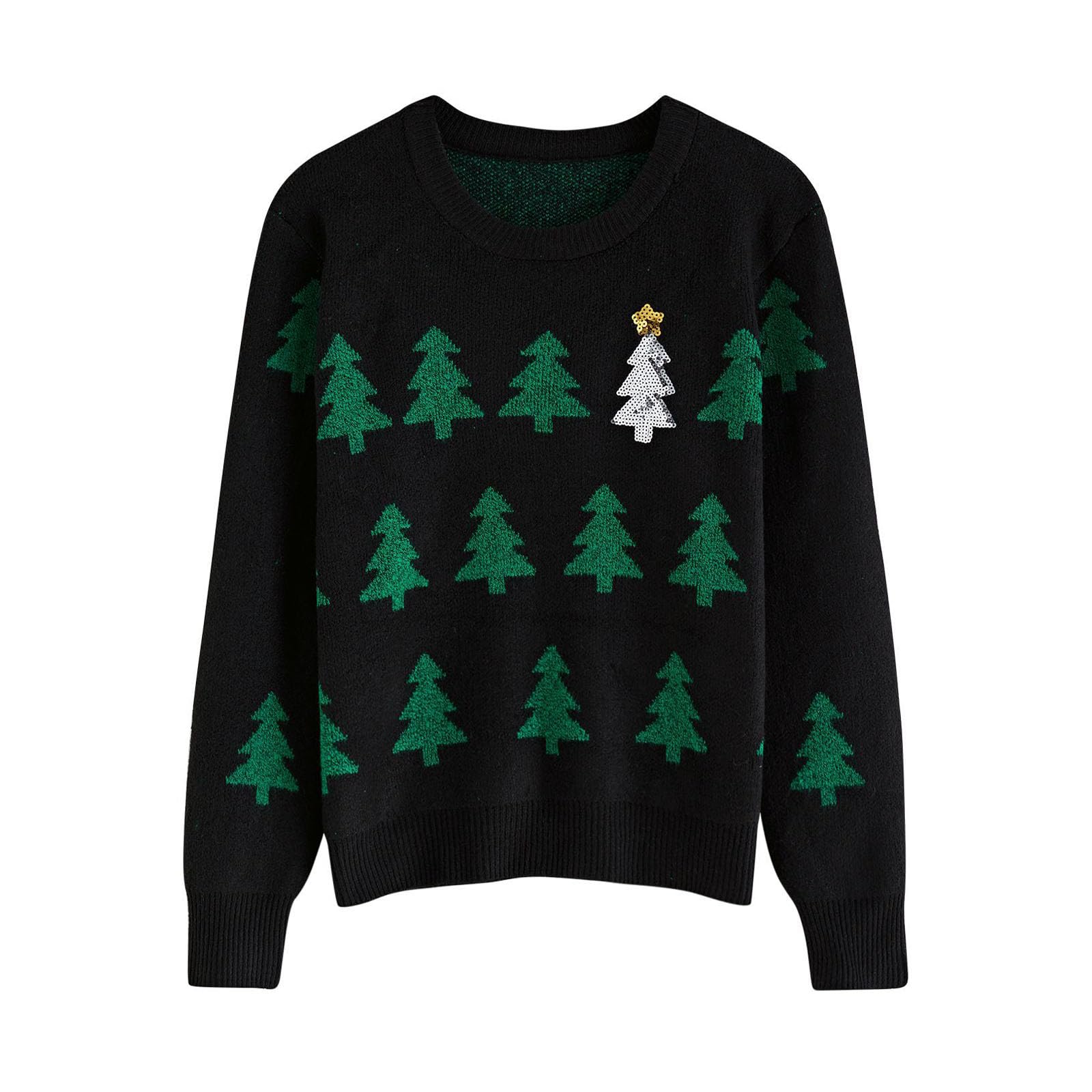 CHICWISH Women Sequined Christmas Tree Print Knit Sweater Crewneck Holiday Party Sweaters Long Sleeve Pullover Tops