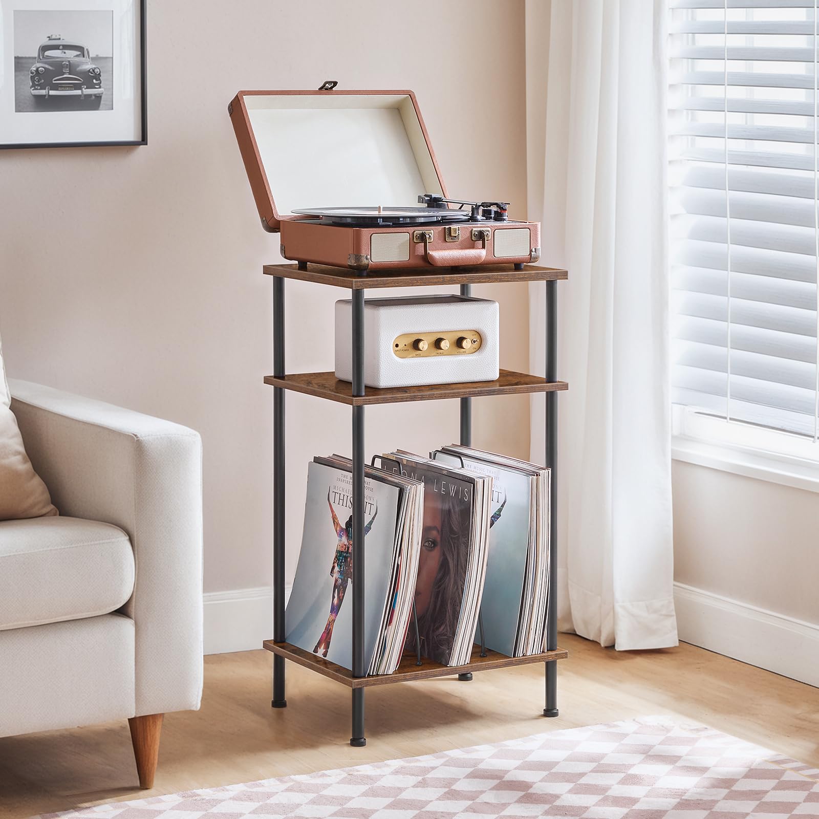 HOOBRO Mueble Tocadiscos de 3 Niveles, Mesa para Discos de Vinilo con Separador Extraíble, para Discos, Mesa Auxiliar de Estilo Industrial, para CD, Álbumes, Marrón Rústico y Negro EBF02RS01