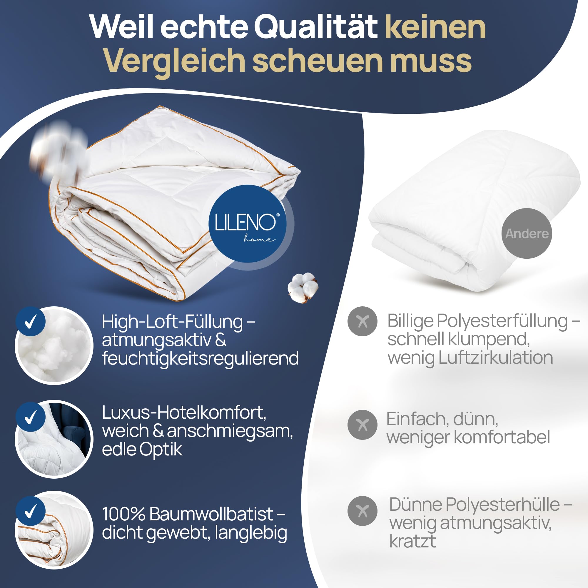 LILENO HOME Golden Elegance Steppbettdecke 135x200 – Wolkenweiche Allergiker Bettdecke 135x200 | 100% Baumwollbatist ohne Kältebrücken | Ganzjahresdecke | Oeko-Tex Klasse 1 | Hotel Qualität