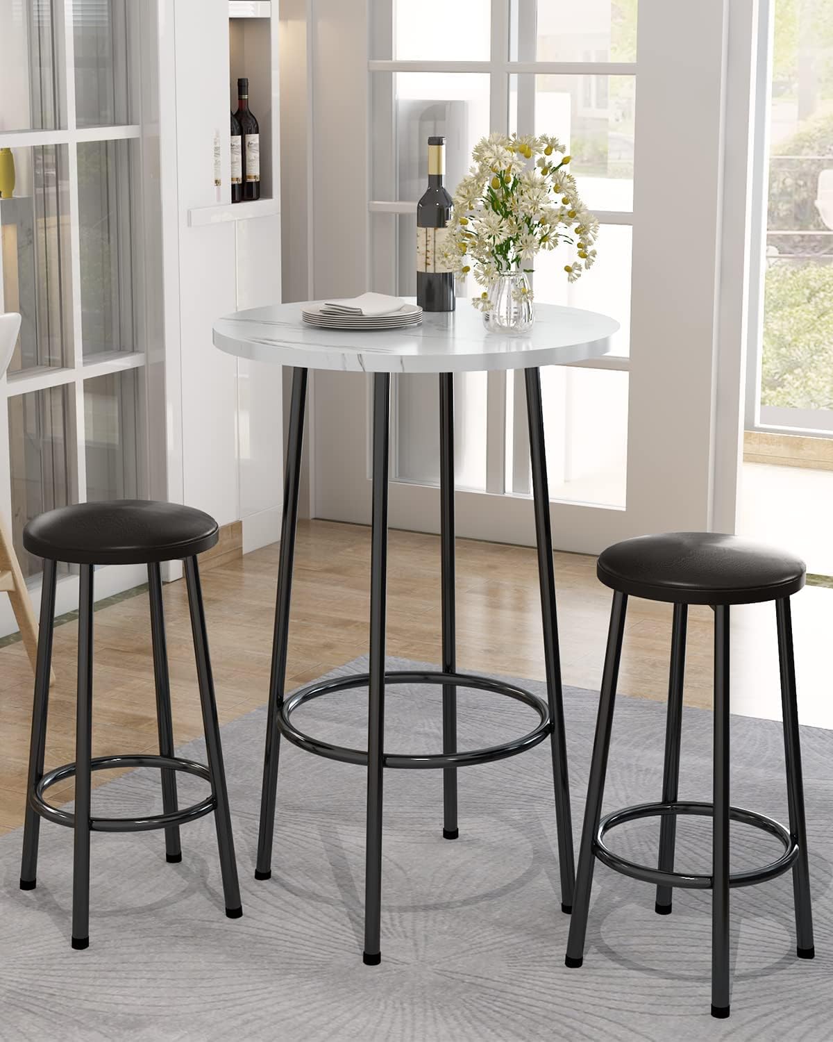 HOOSENG 3Pieces Bar Table and Chairs Set, Modern Round Bar Table