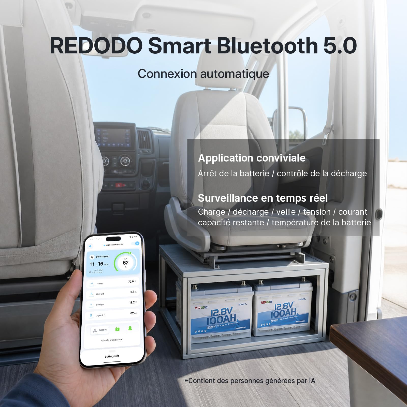 Redodo 12V 100Ah Group47 Batterie LiFePO4 avec Bluetooth 1280Wh BMS 100A | Batterie Lithium avec Basse Température Hauteur 168mm Installable Sous Siège de Camping-car IP65 Convient Aussi Pour Bateau