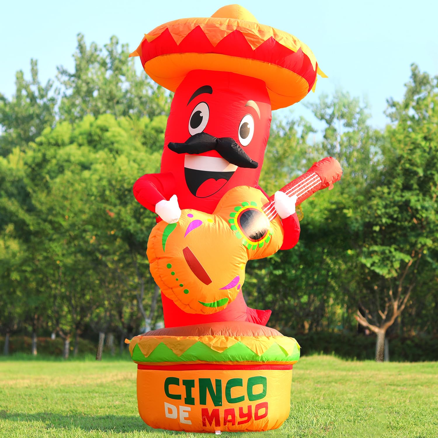 DomKom 6Ft Cinco De Mayo Day Inflatable Chili with Taco Sombreros Guitar, Mexican Party May 5 Taco Sombreros Glasses Built-in LEDs Light Fiesta Maracas Blow up for Garden Lawn Yard