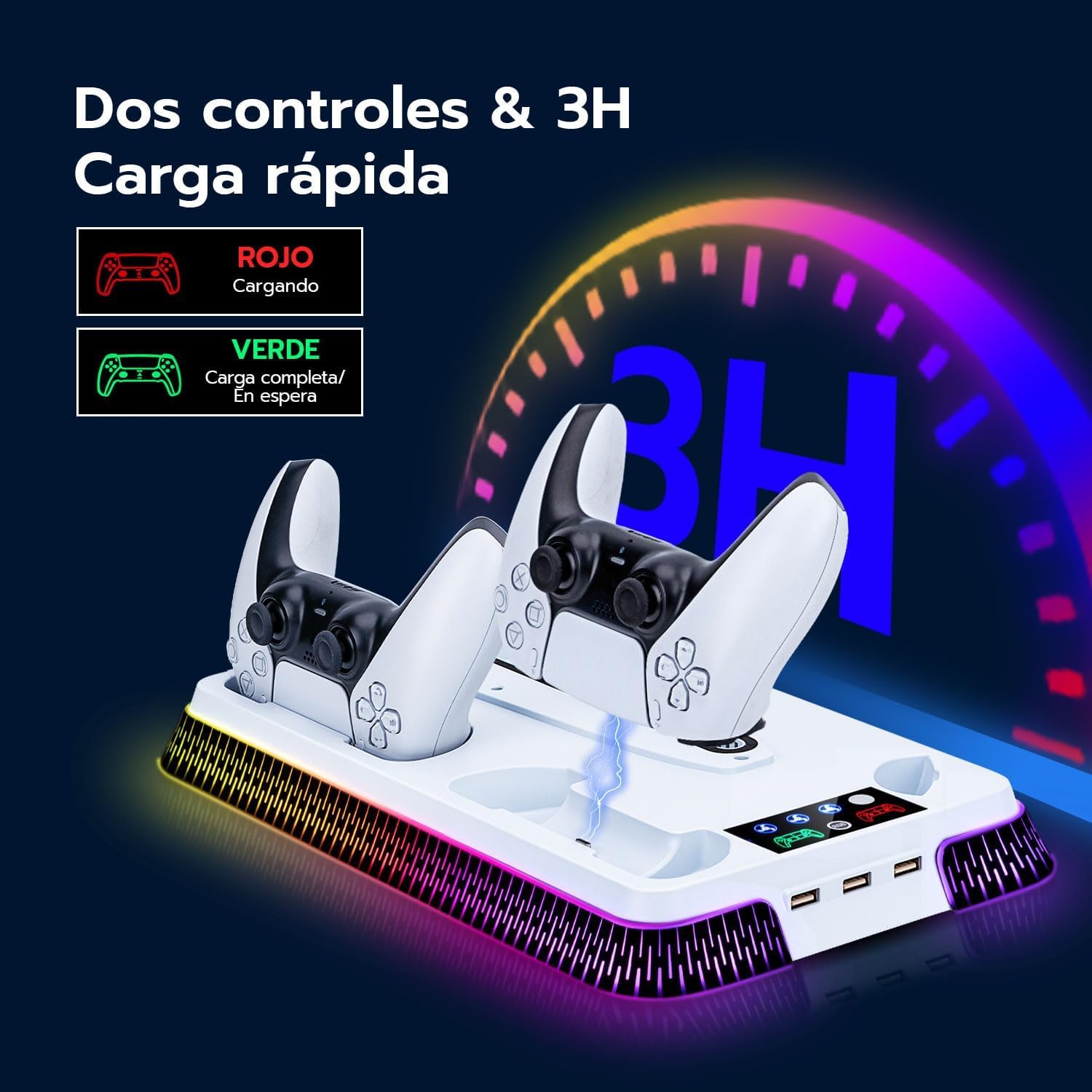 Supporto verticale per PS5 Slim Pro RGB Base Stazione di Raffreddamento con Ventilazione e Illuminazione, Ricarica per 2 Mando, Include 2 Protezioni Antiscivolo per Telecomando Regalo