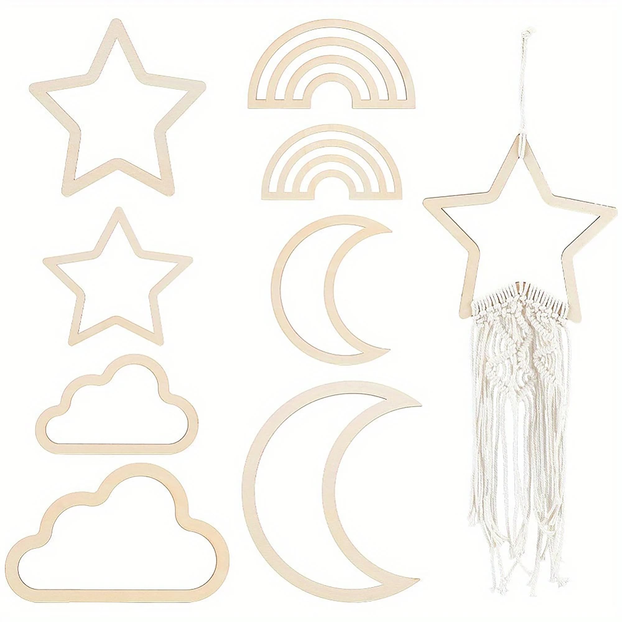 American Elm 8 Pcs Boho Wooden Macrame Frames Set | Moon Star Cloud Rainbow Shapes | DIY Craft Wall Hanging Decor | MDF Cutouts for Weaving, Home Decoration, Room & Nursery Art-image-17