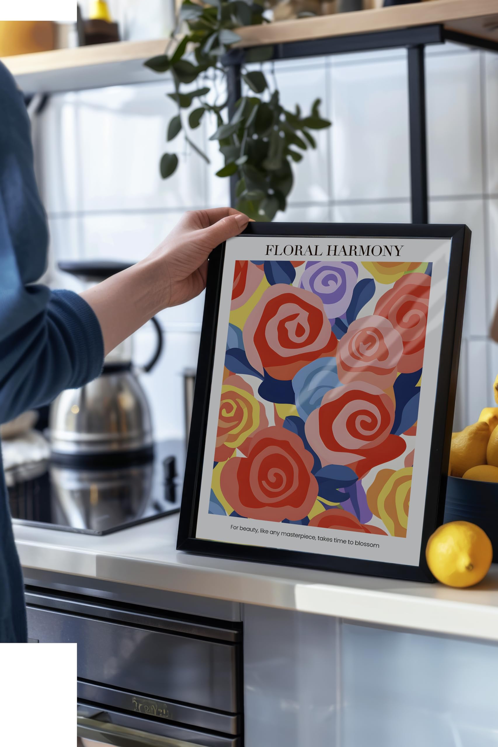 Zestia Siyah Çerçeveli Tablo, Renkli Güller, Floral Harmony Yazılı, Modern Grafik Poster No: 107615 30 x 40