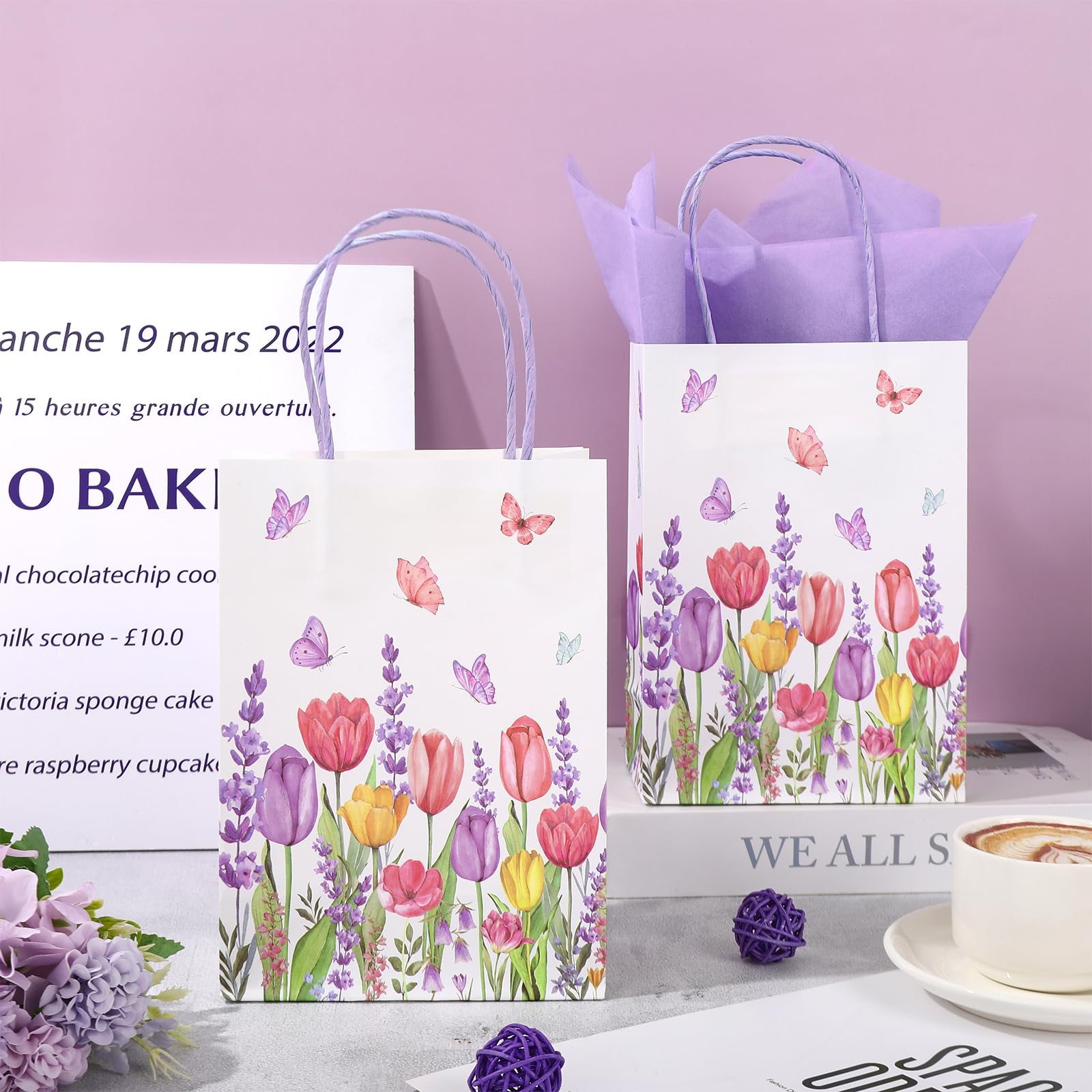 FYSUIMU 24 Pcs Tulips Lavender Floral Paper Gift Bags with 30 Purple Tissue Paper Watercolor Flower Butterfly Treat Bag with Handles for Birthday Baby Shower Wedding Party Favors