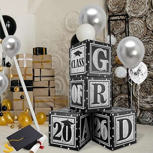 Decoraciones de graduación negras y plateadas, cajas de globos de clase de 2026 con letras "GRAD" y "CLASS OF 2026", cajas de graduación para