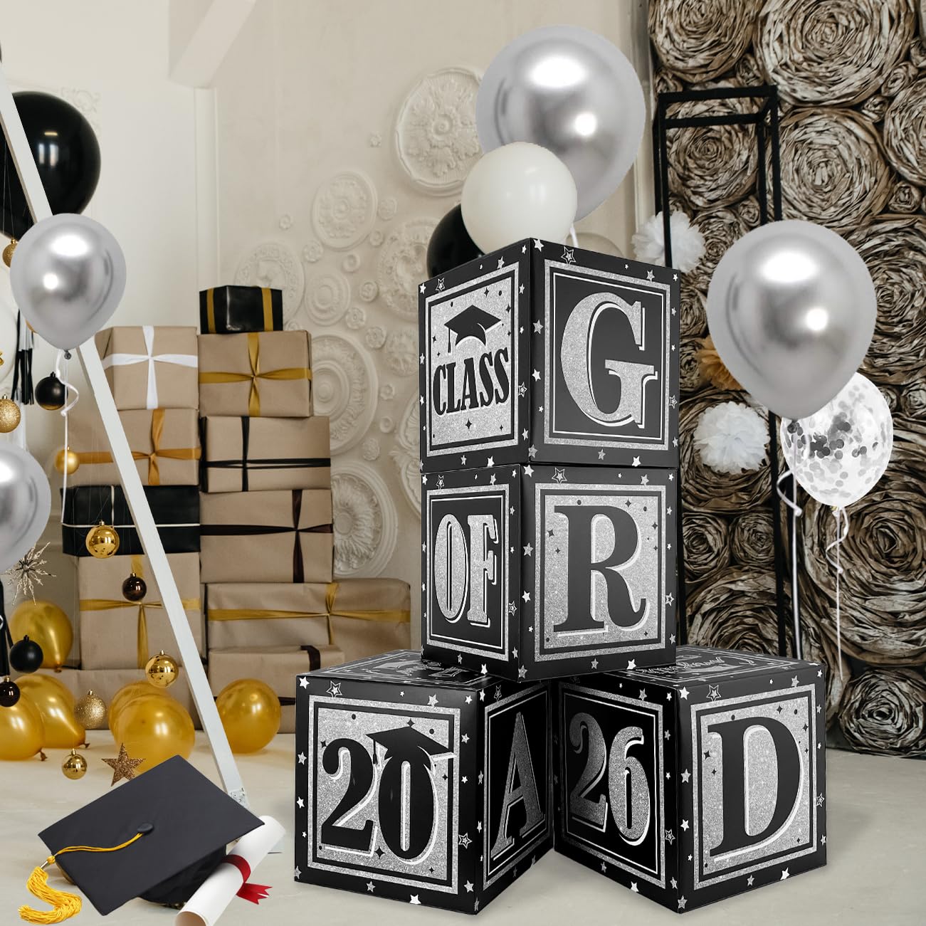 Black and Silver Graduation Decorations Class of 2026 Balloon Boxes with "GRAD" and"CLASS OF 2026" Letters Graduation Boxes for High School and College Announcements