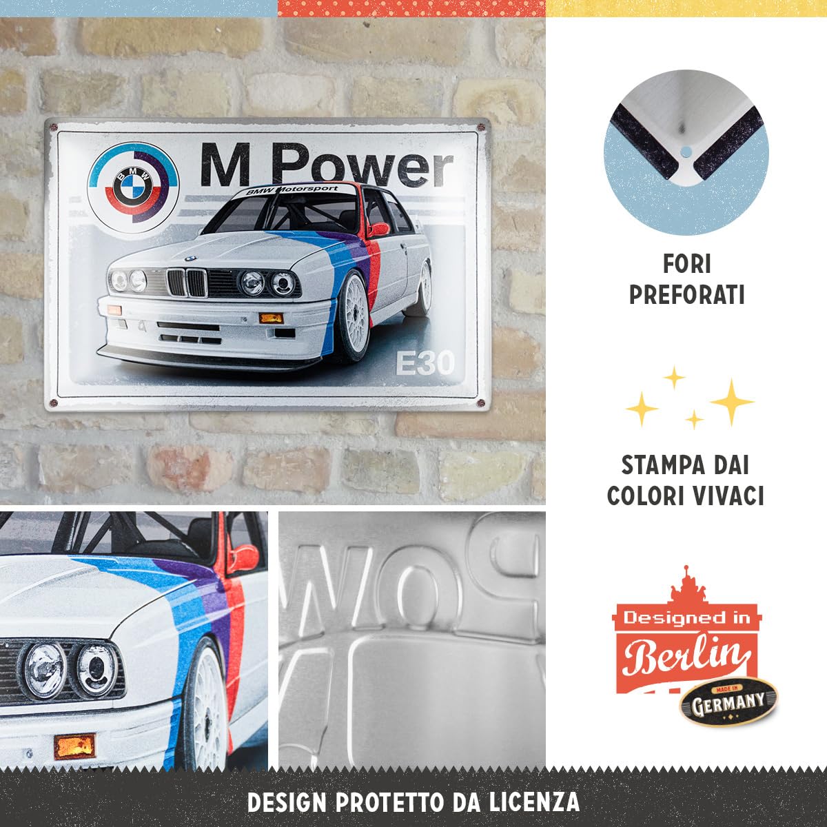 Nostalgic-Art Targa retrò, 40 x 60 cm, BMW Motorsport – M Power E30 – Idee regalo per amanti BMW, Official License Product (OLP), in metallo, design vintage