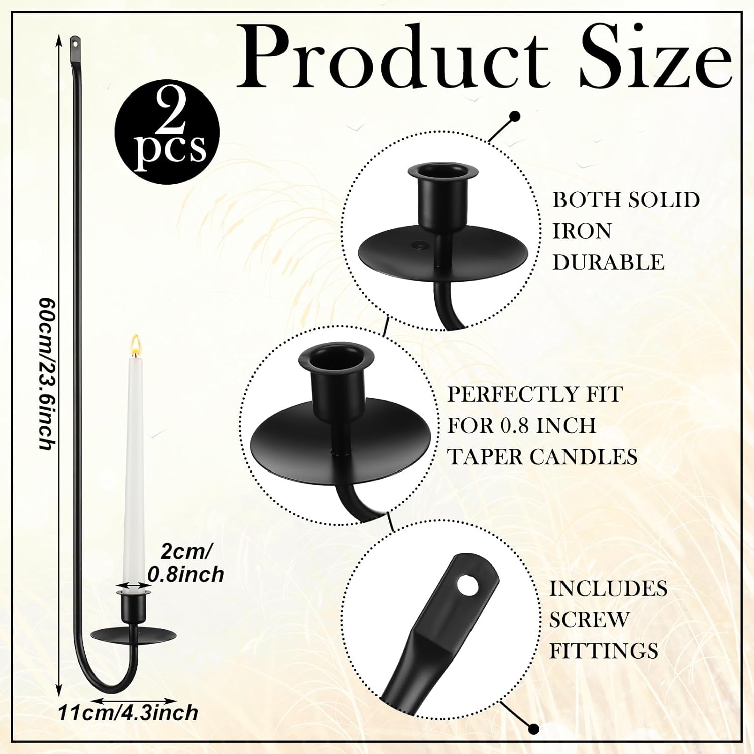 zonon 2 pcs wall candle sconces, 23.6" black wall candle holder set with mounting hardware, modern iron candles sconces for living room farmhouse fireplace wedding home decor