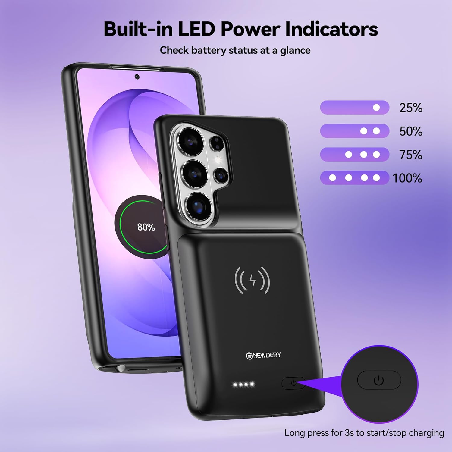 NEWDERY for Samsung Galaxy S26 Ultra/S25 Ultra Battery Case,9500mAh Qi Wireless Charging Supported,Portable Protective Charger Case with Extended Battery Pack for Galaxy S26 Ultra&S25 Ultra 6.9"