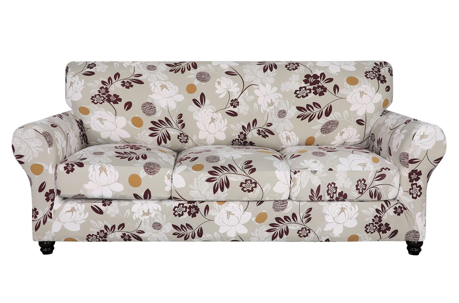 SearchI Stretch Sofa Cover Printed Couch Cover, Floral Pattern 4 Pieces Sofa Slipcover with 3 Separate Cushion Cover, Washable Furniture Protector for Living Room(Sofa, Brown Flowers)